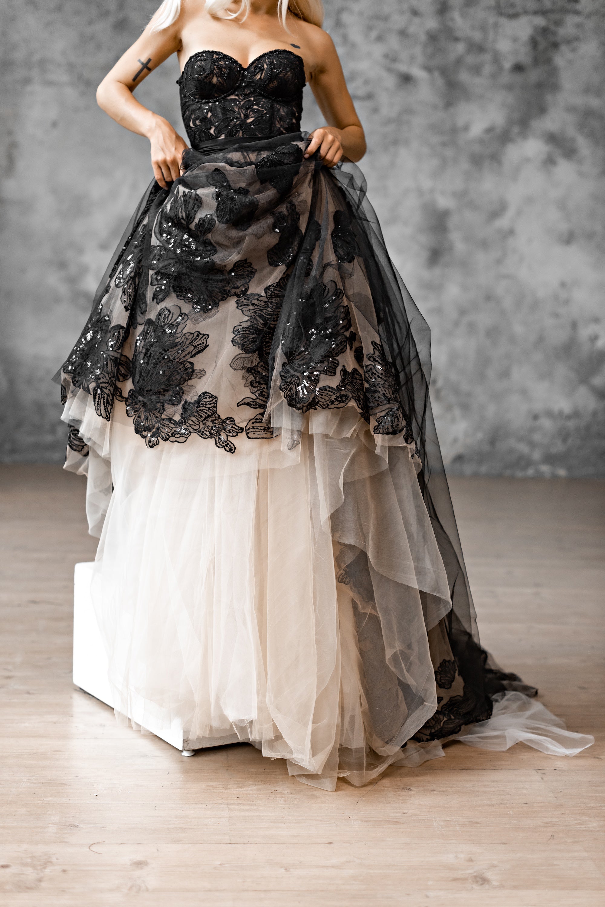 "Lora" Embroidery lace black-nude wedding dress