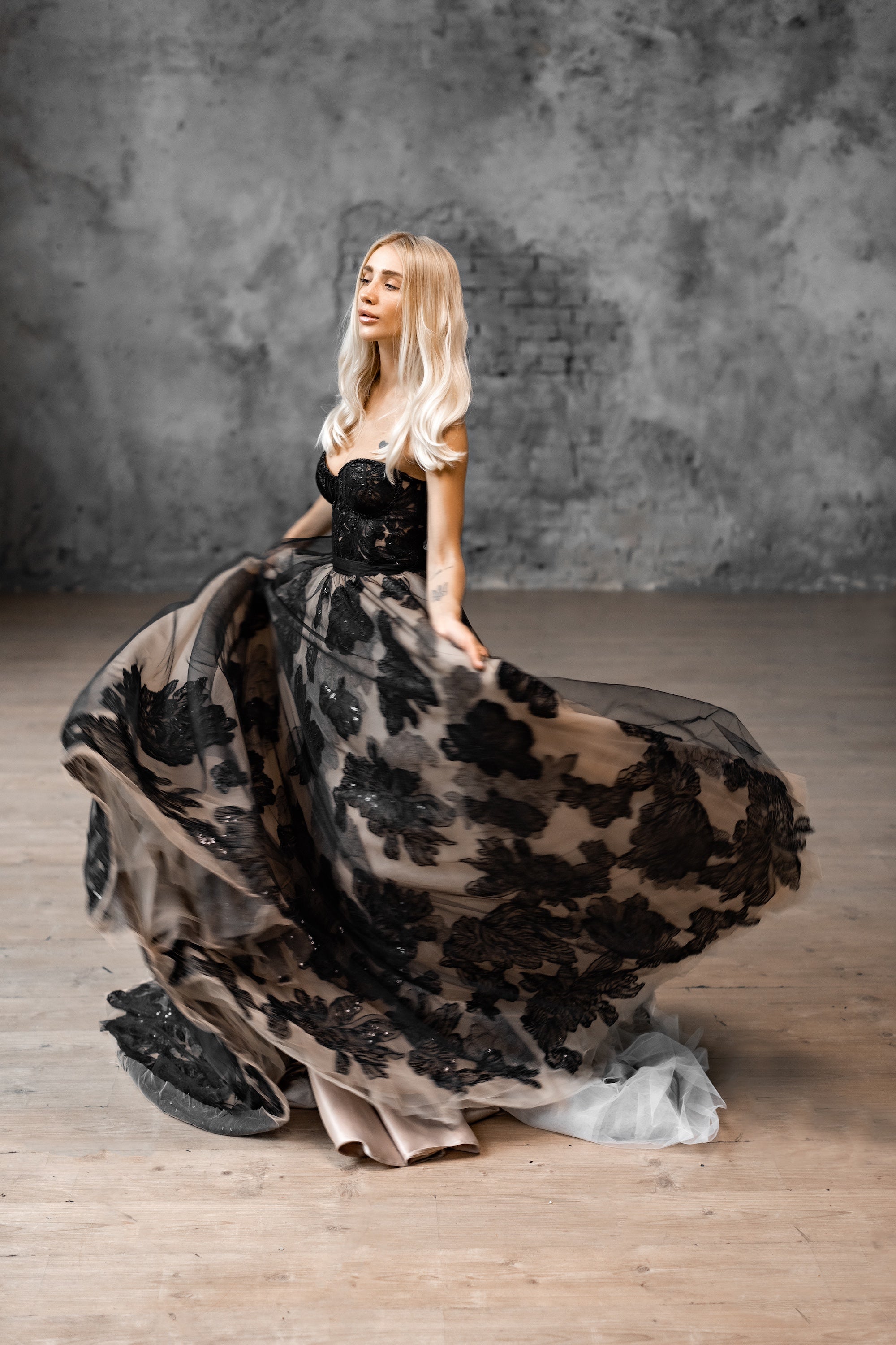 "Lora" Embroidery lace black-nude wedding dress