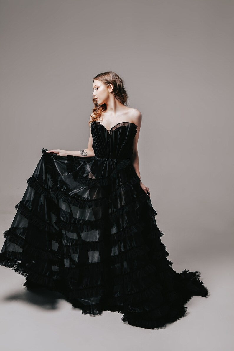 "Onyx" Black Floral Corset Wedding Dress with Embroidered Ruffled Train