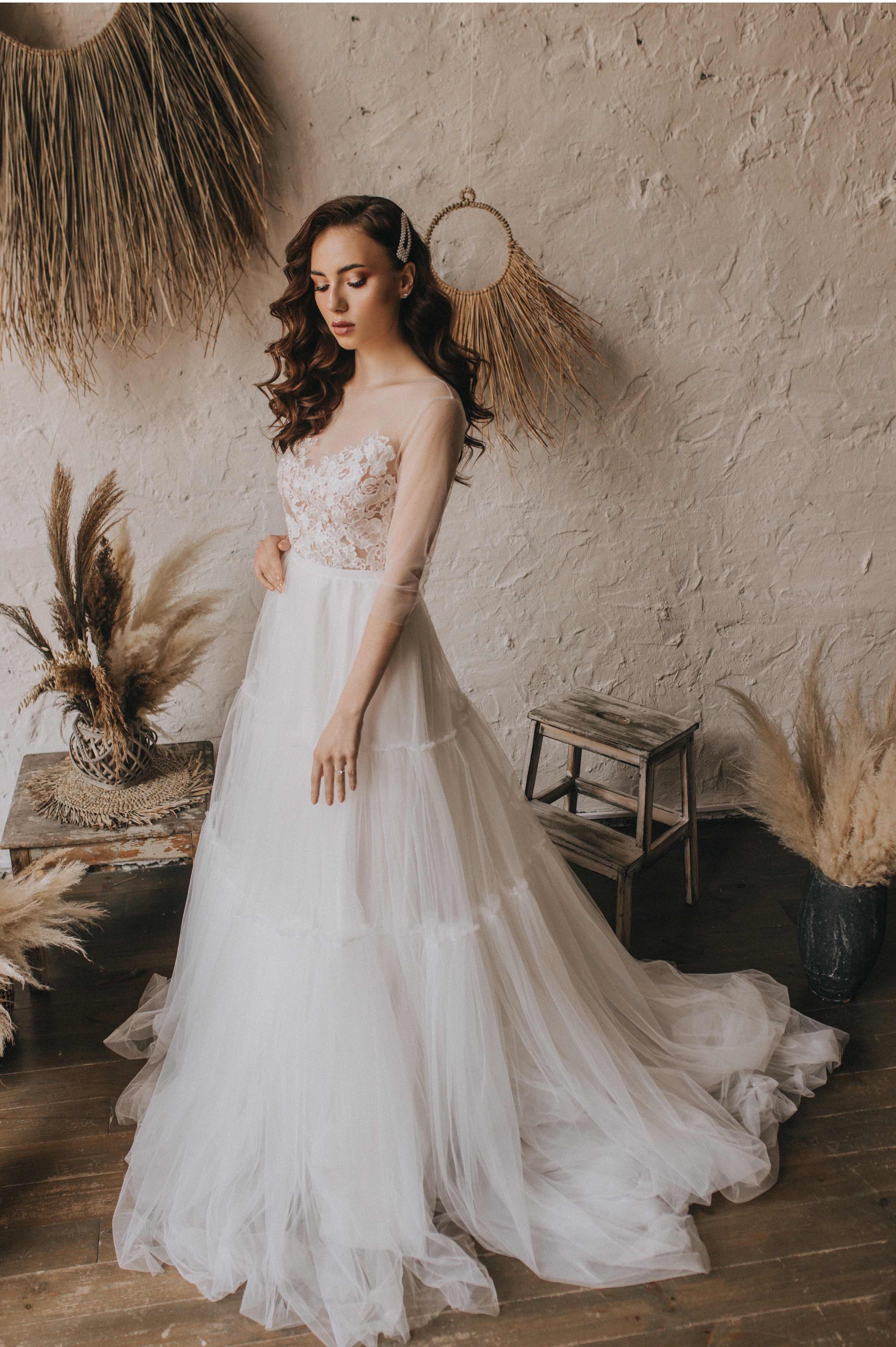 "Marseilles" Long sleeve wedding dress with tiered tulle skirt
