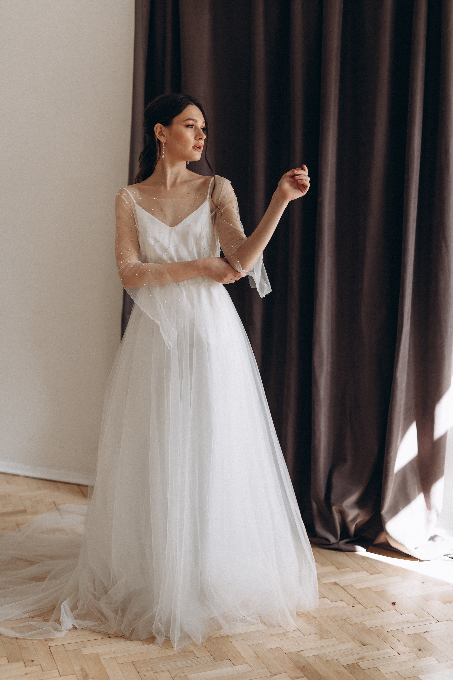 "Amalia" Two-piece pearl wedding dress with long flowing sleeves