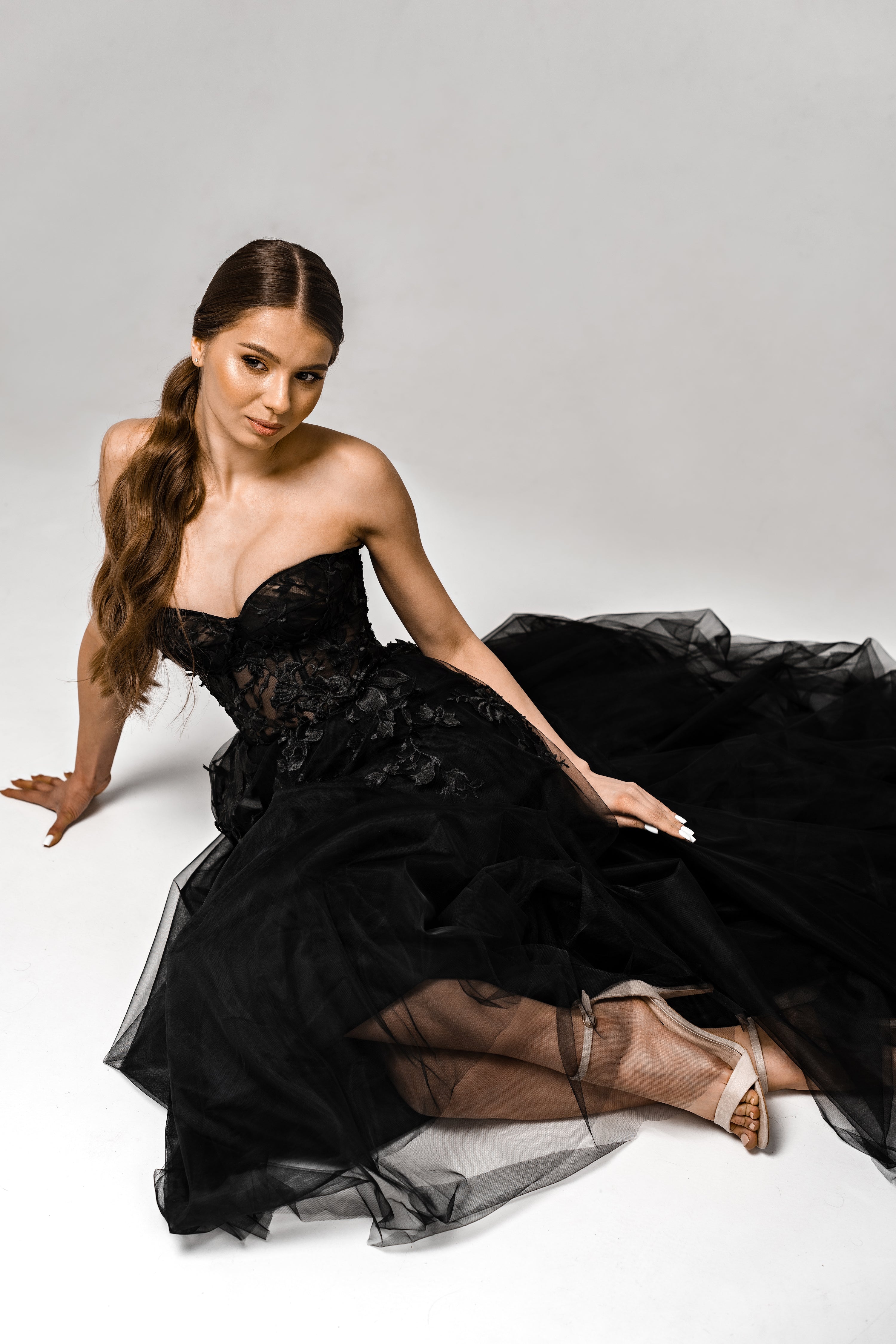 "Demia" Black Corset Wedding Dress with Lace-Adorned Mesh Skirt