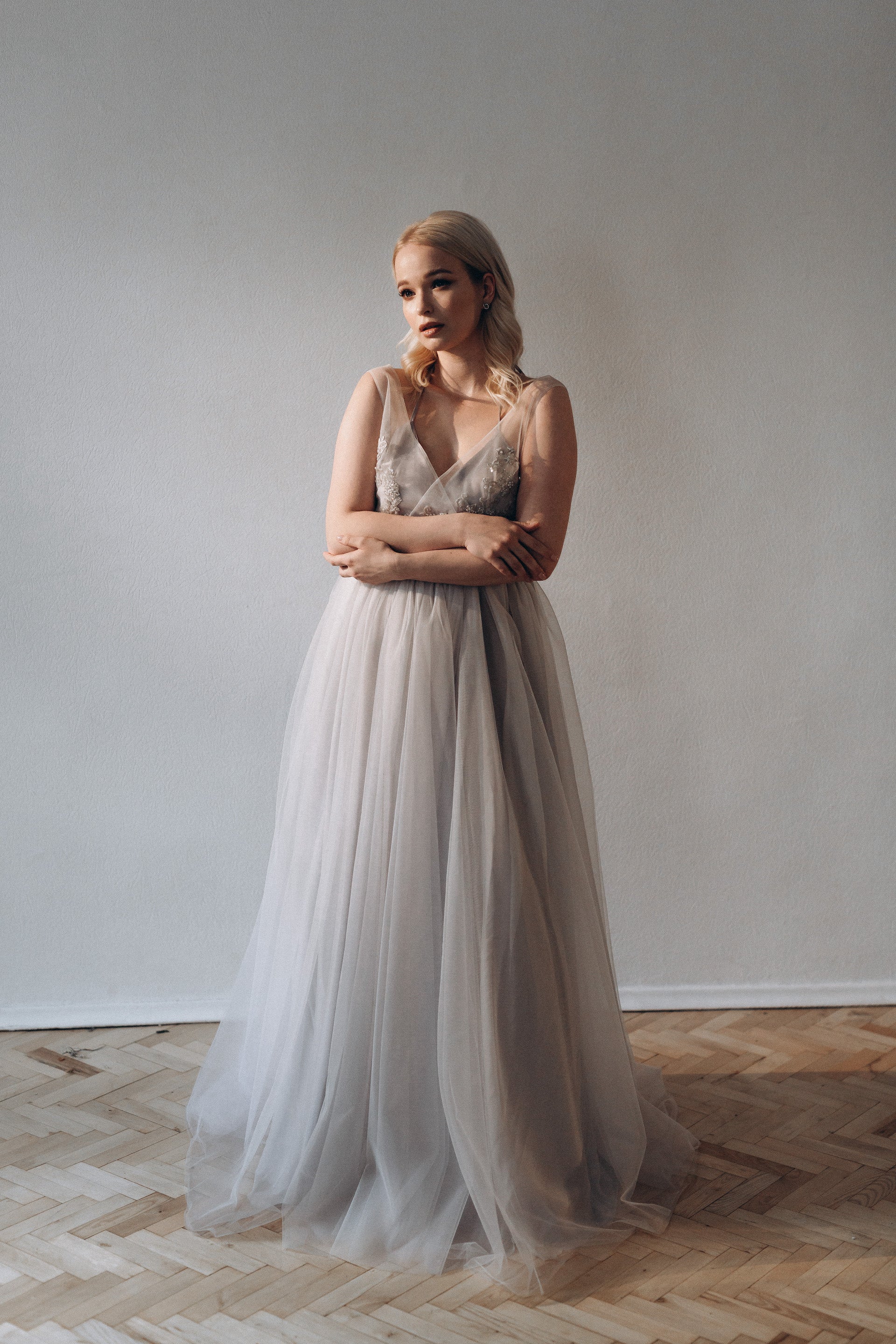 "Elsa" Gray Tulle Non-corset Wedding Dress