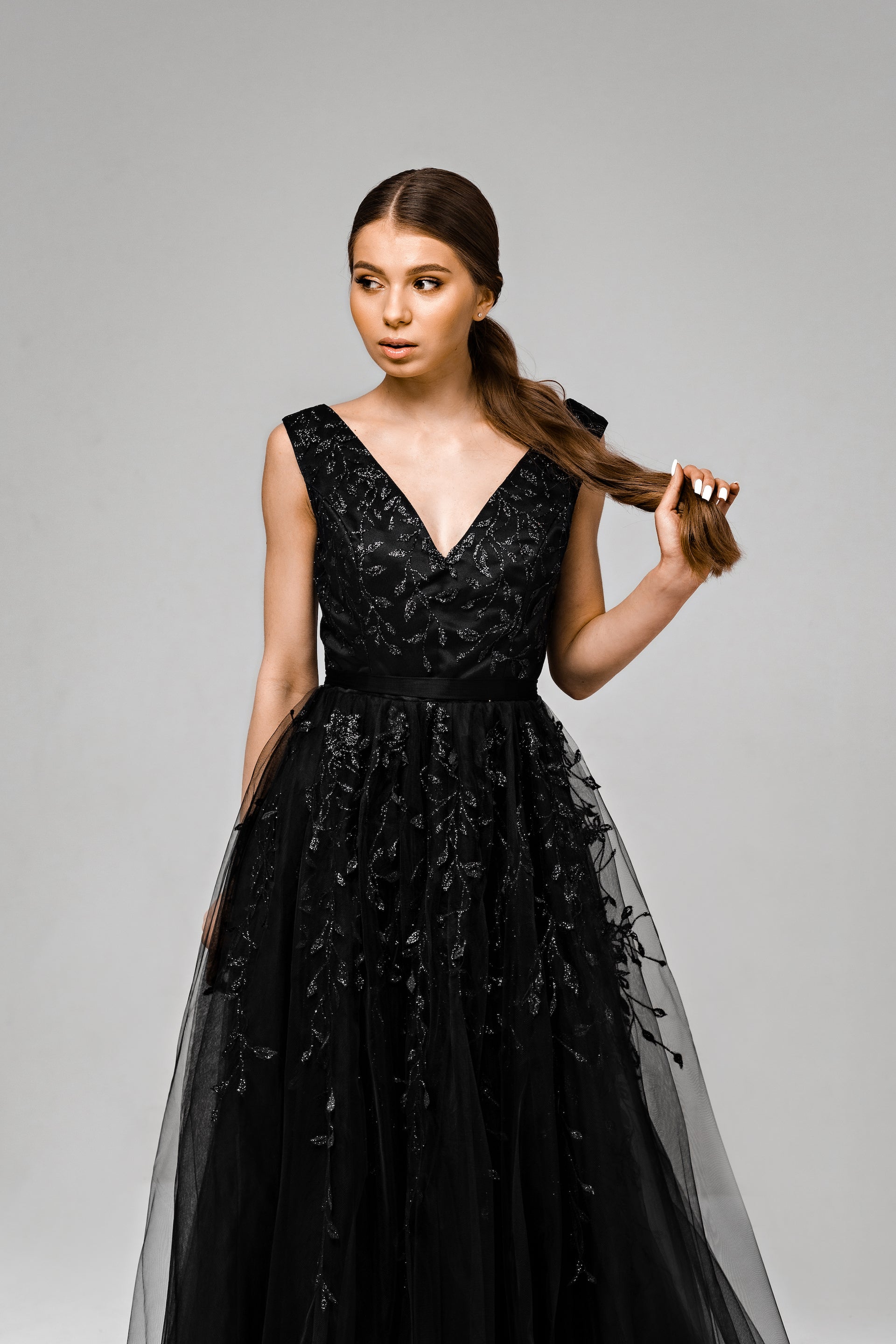 "Flora" Black Glitter lace wedding dress