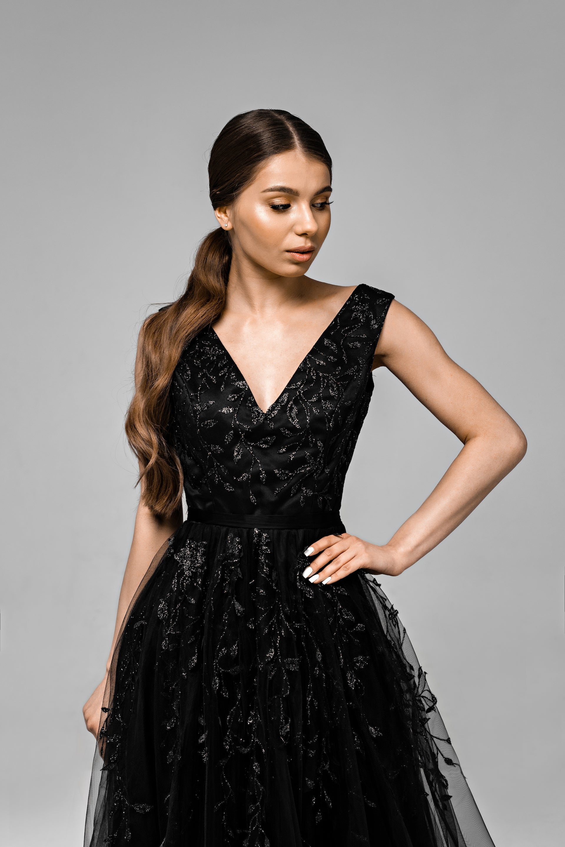 "Flora" Black Glitter lace wedding dress