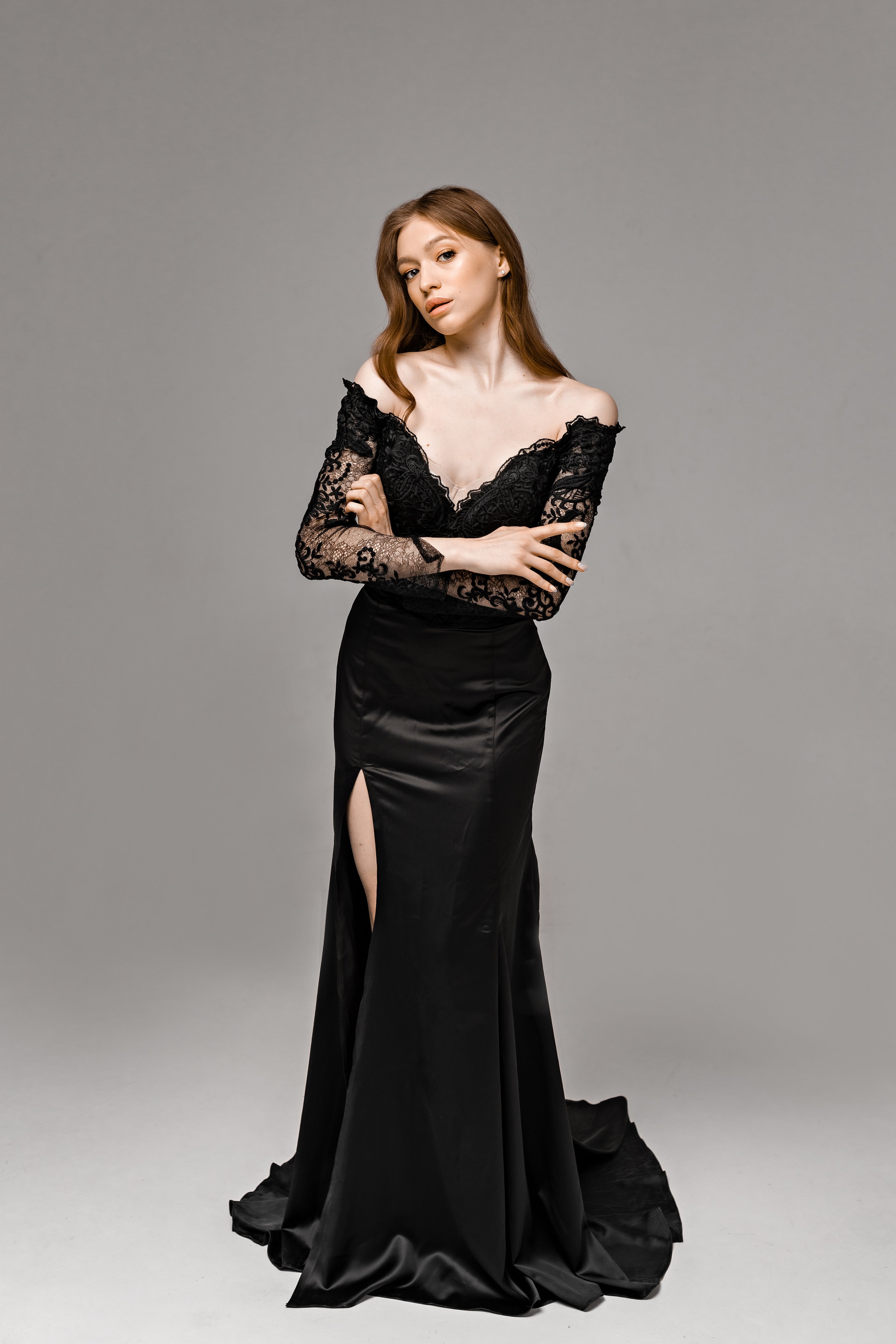"Haylee" Off-the-Shoulder Mermaid Black Lace Wedding Dress