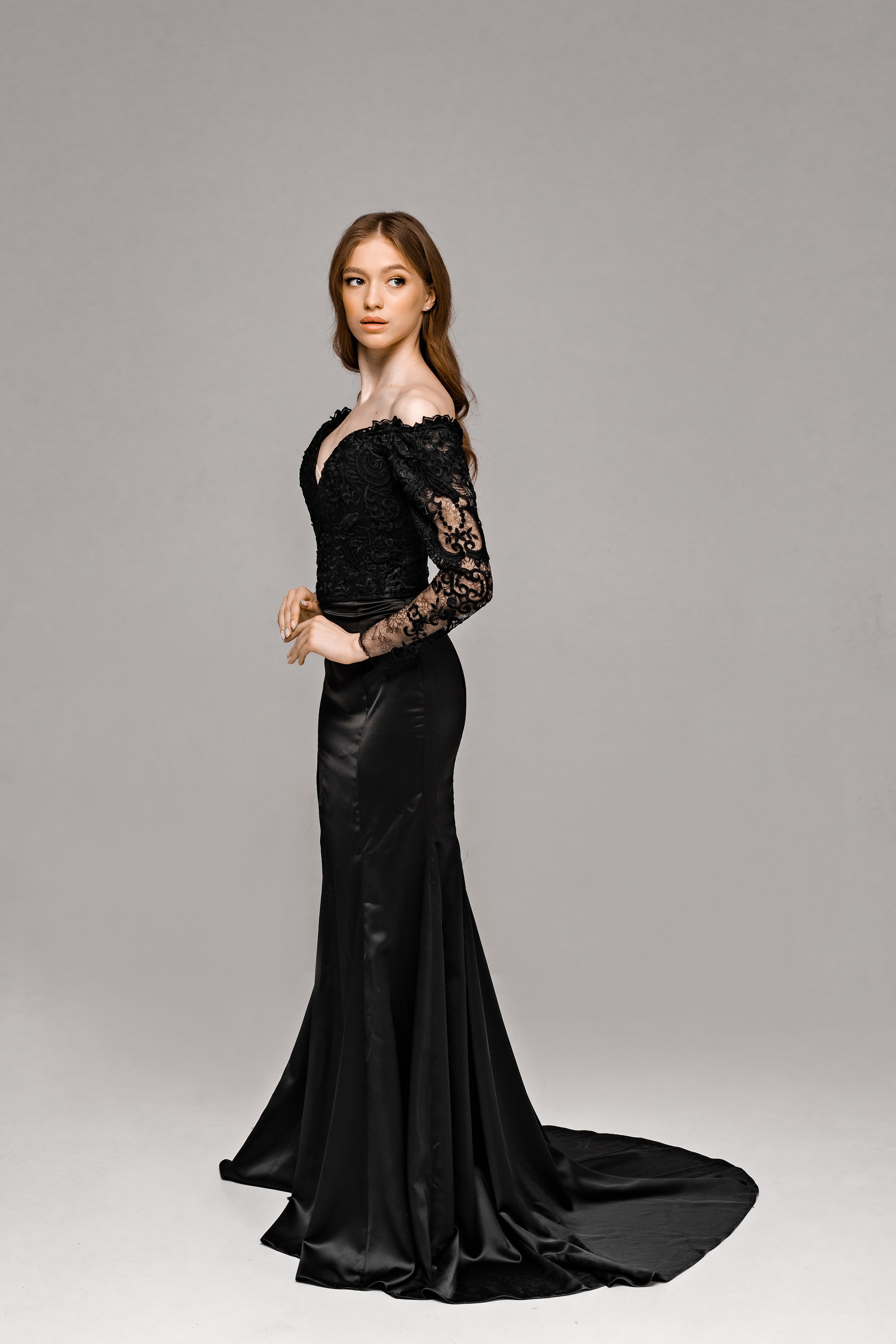 "Haylee" Off-the-Shoulder Mermaid Black Lace Wedding Dress
