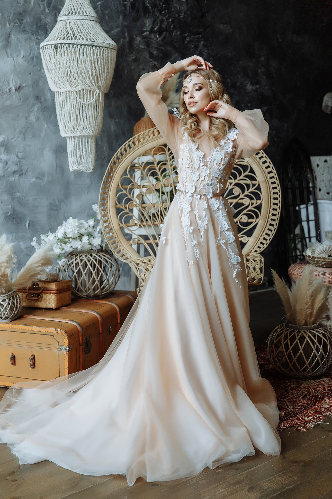 Ivy Beige Floral Embroidery Wedding dress with 3 d lace