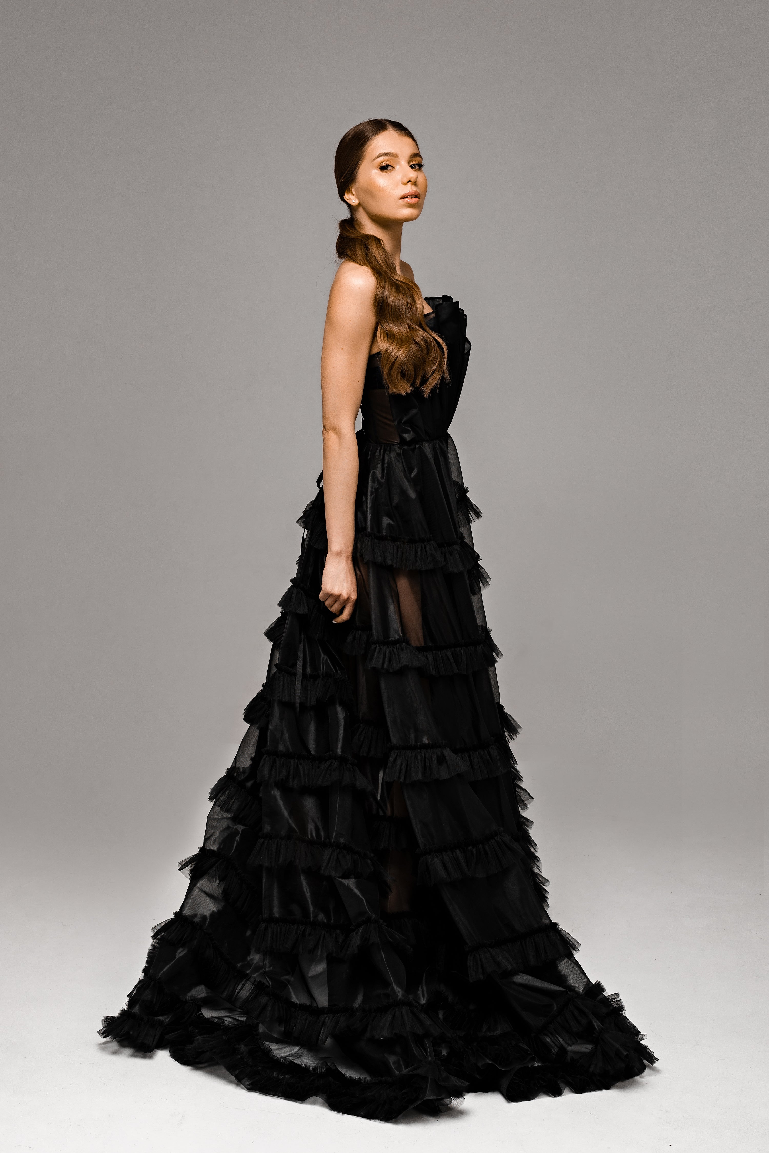 "Onyx" Black Floral Corset Wedding Dress with Embroidered Ruffled Train