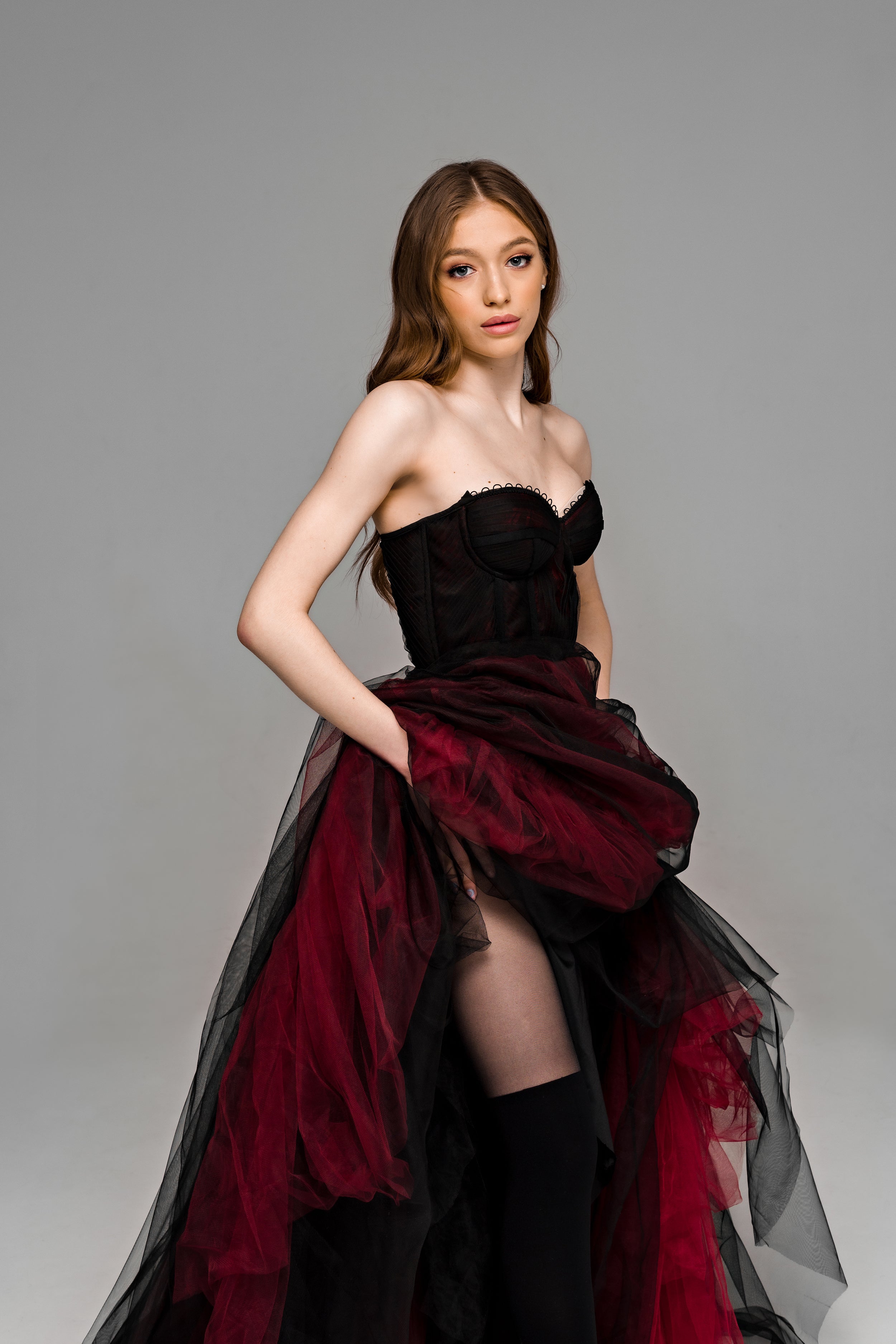 "Ophelia" Gothic black and burgundy wedding dress