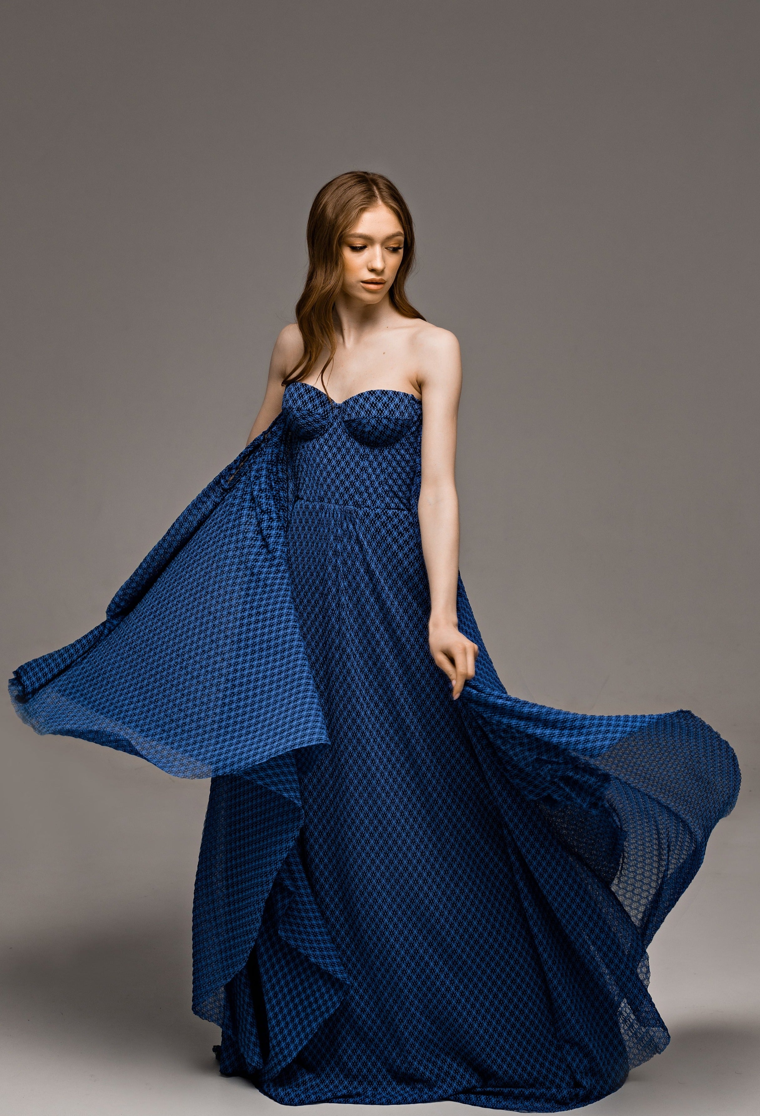 "Tori" Blue Knitted Lace Wedding Dress with Batwing Sleeves