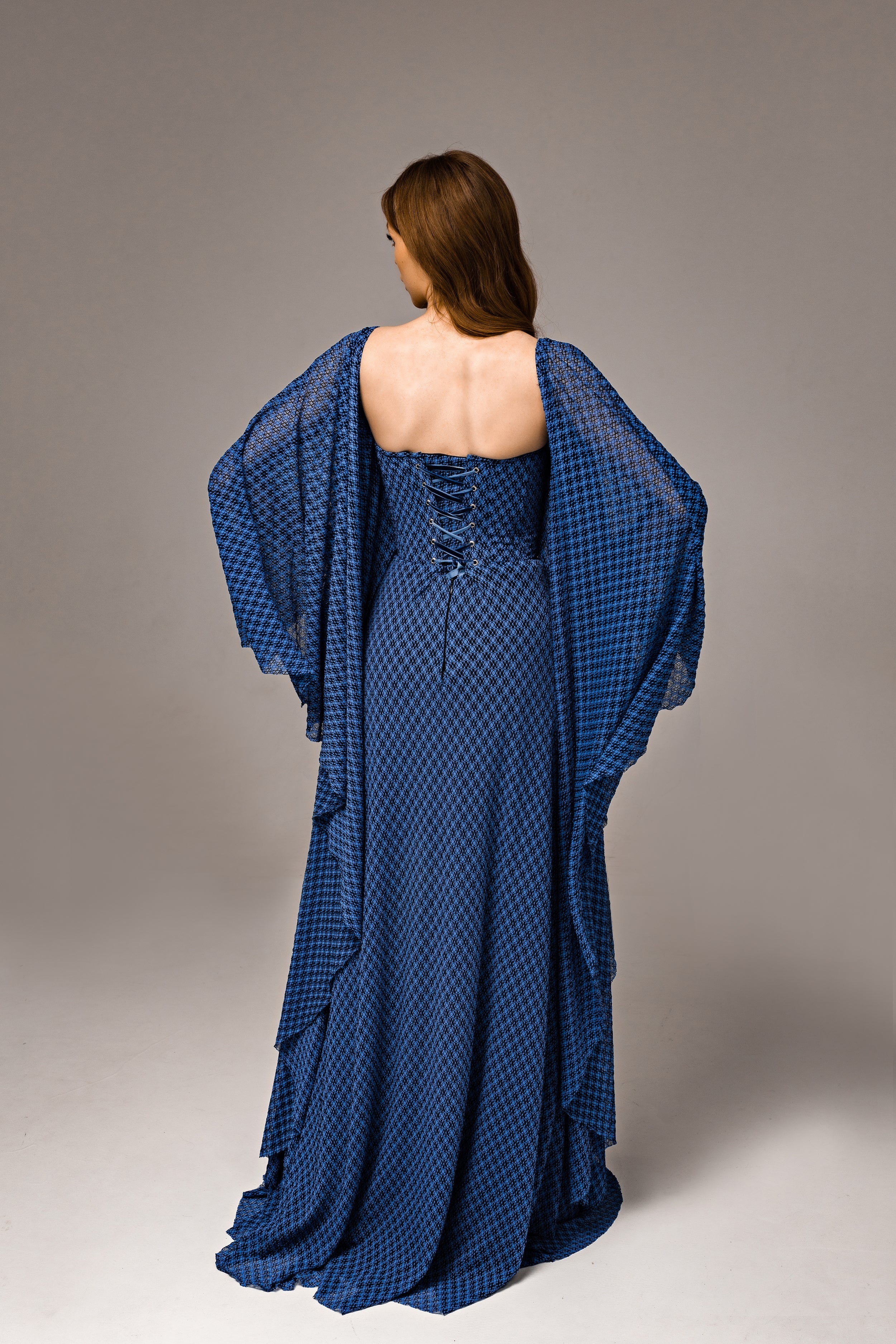 "Tori" Blue Knitted Lace Wedding Dress with Batwing Sleeves