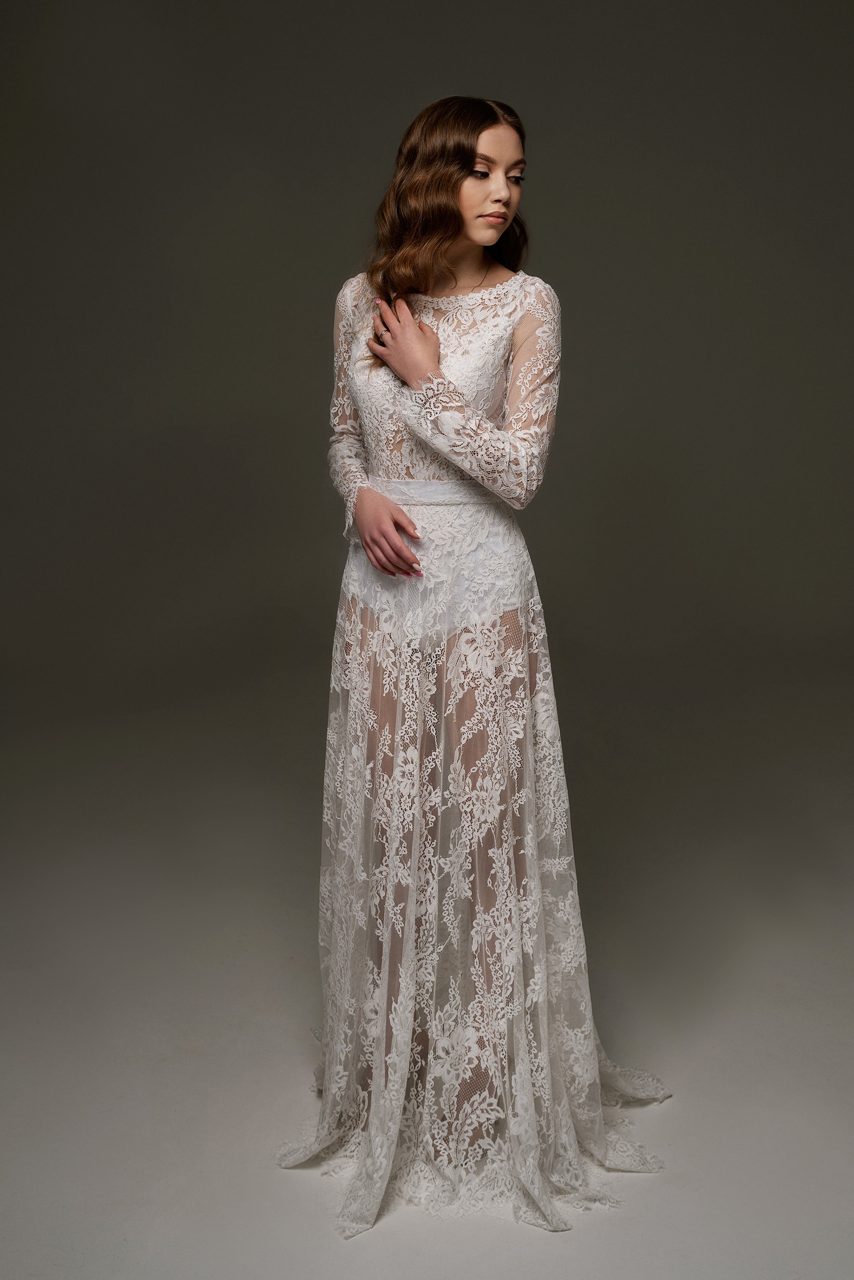 Bridal Lace Long Sleeves Closed Neck Bodysuit