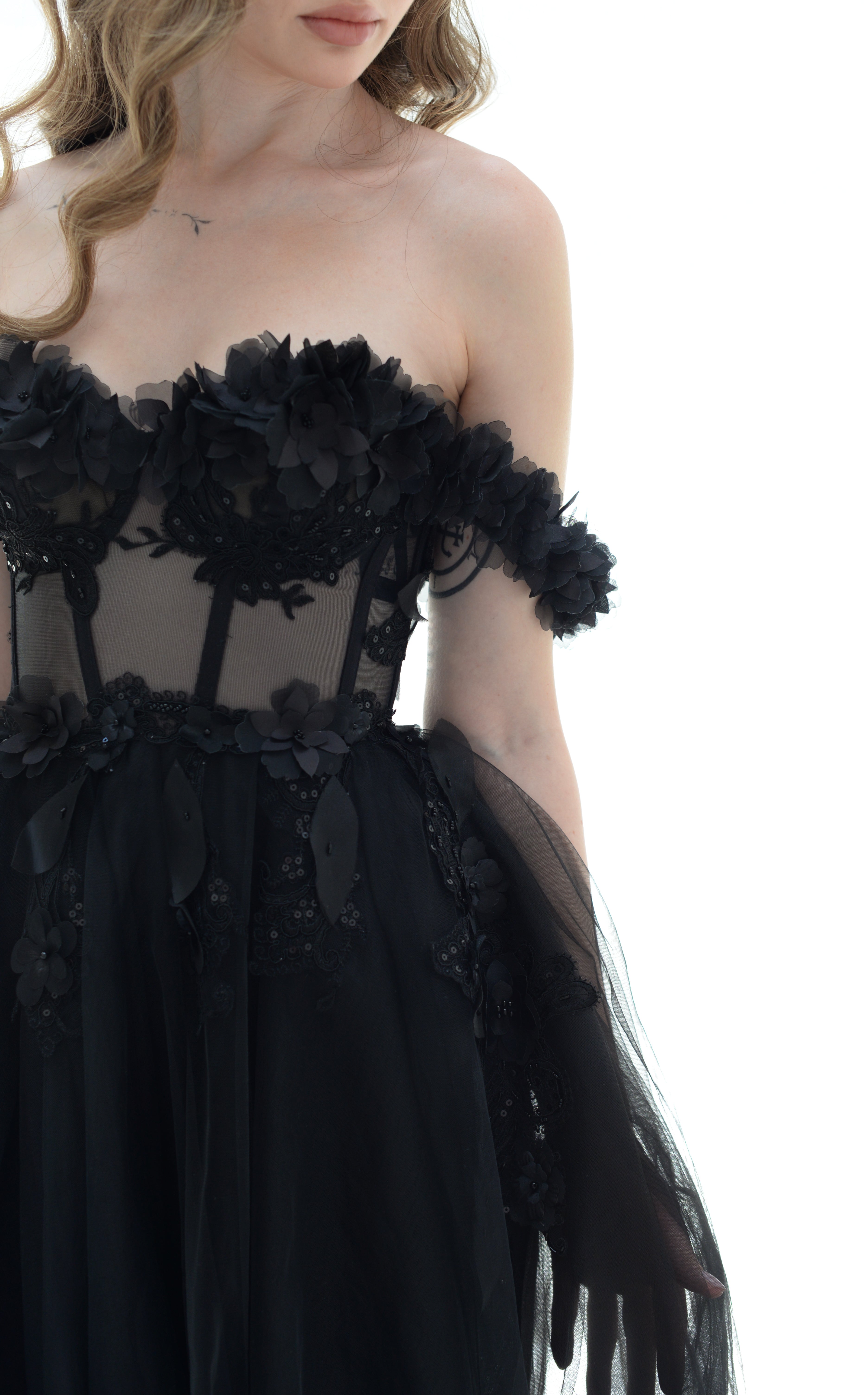 "Molly" Black gothic floral 3D lace tulle corset gown