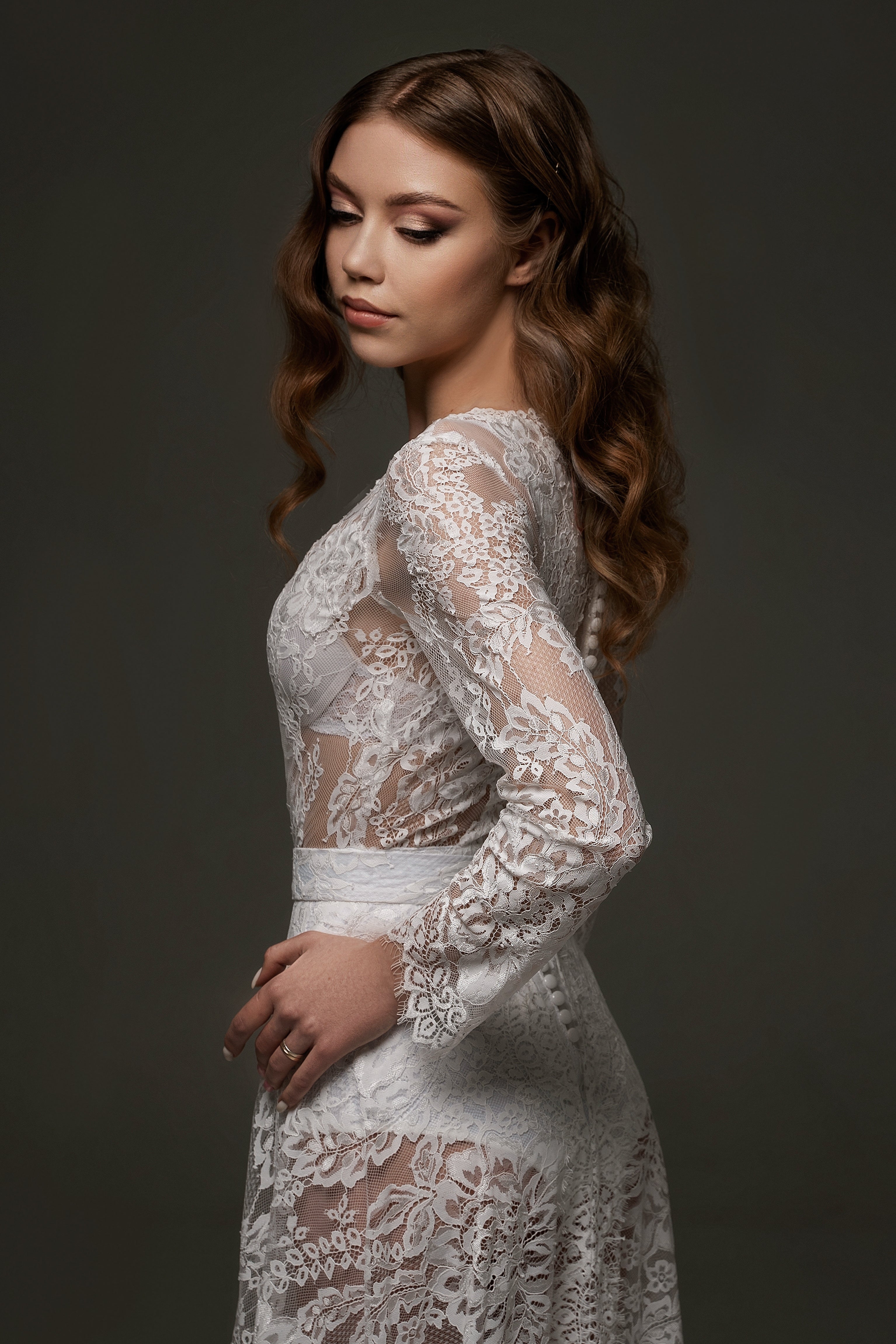 Bridal Lace Long Sleeves Closed Neck Bodysuit