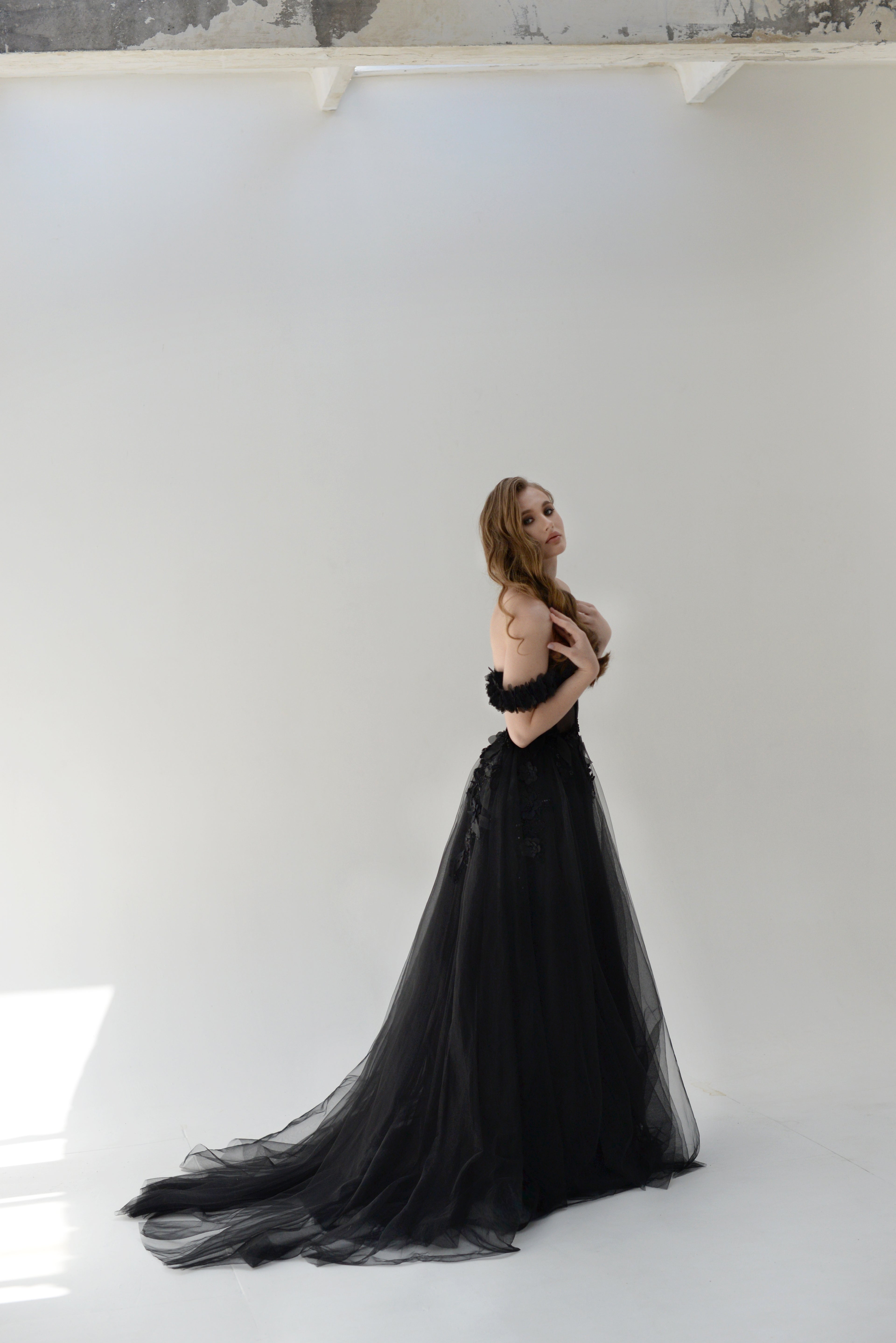 "Molly" Black gothic floral 3D lace tulle corset gown