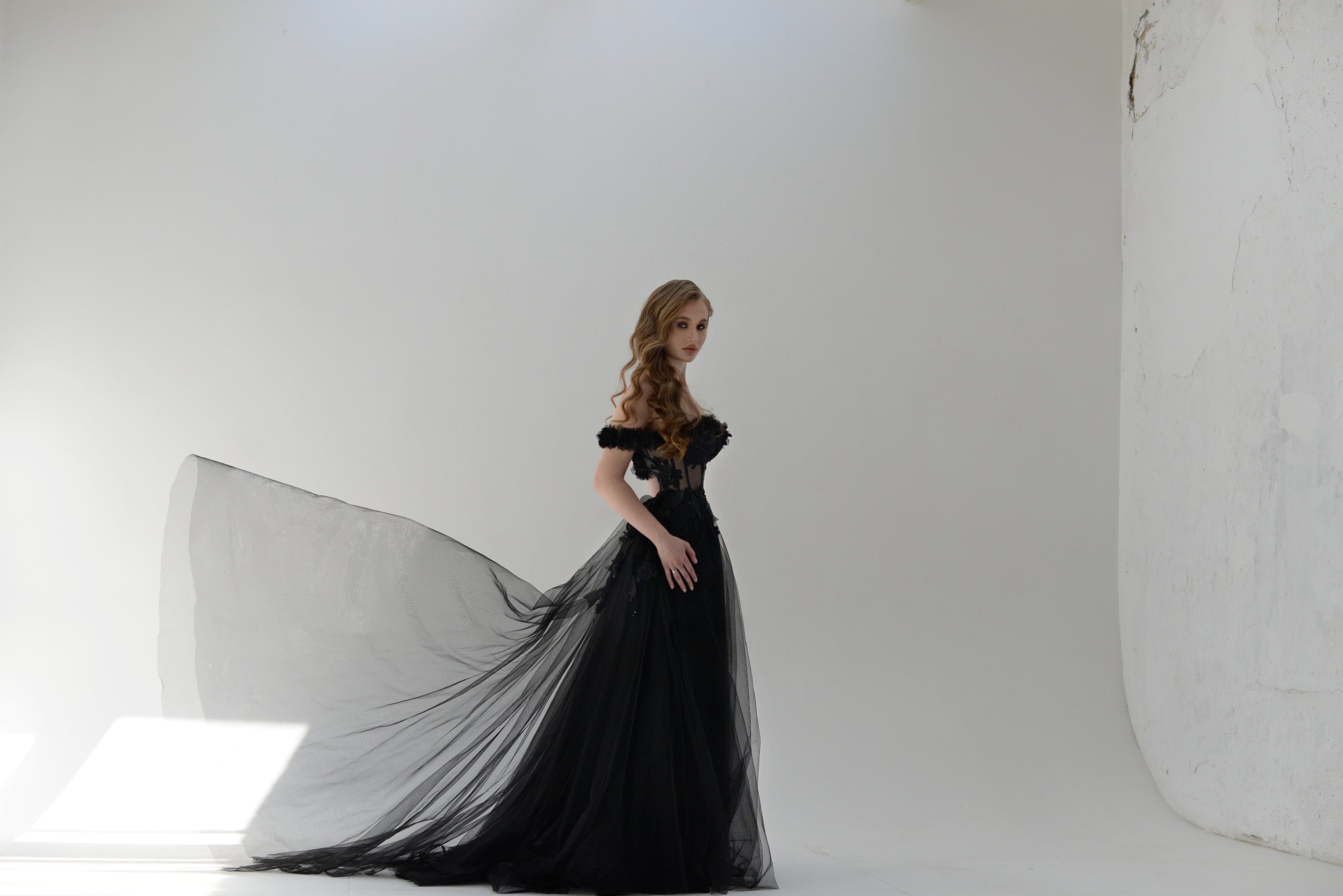 "Molly" Black gothic floral 3D lace tulle corset gown