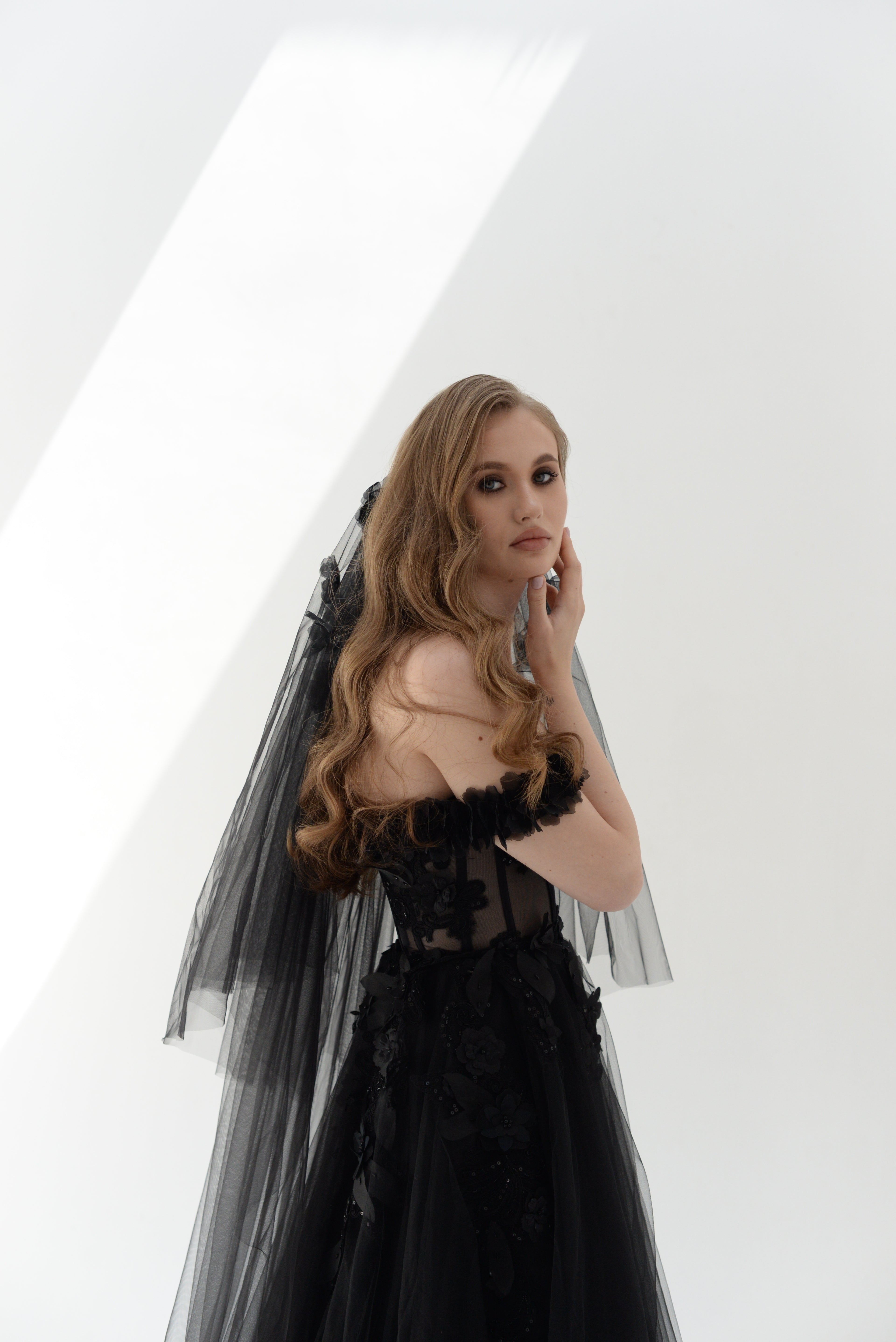 "Molly" Black gothic floral 3D lace tulle corset gown