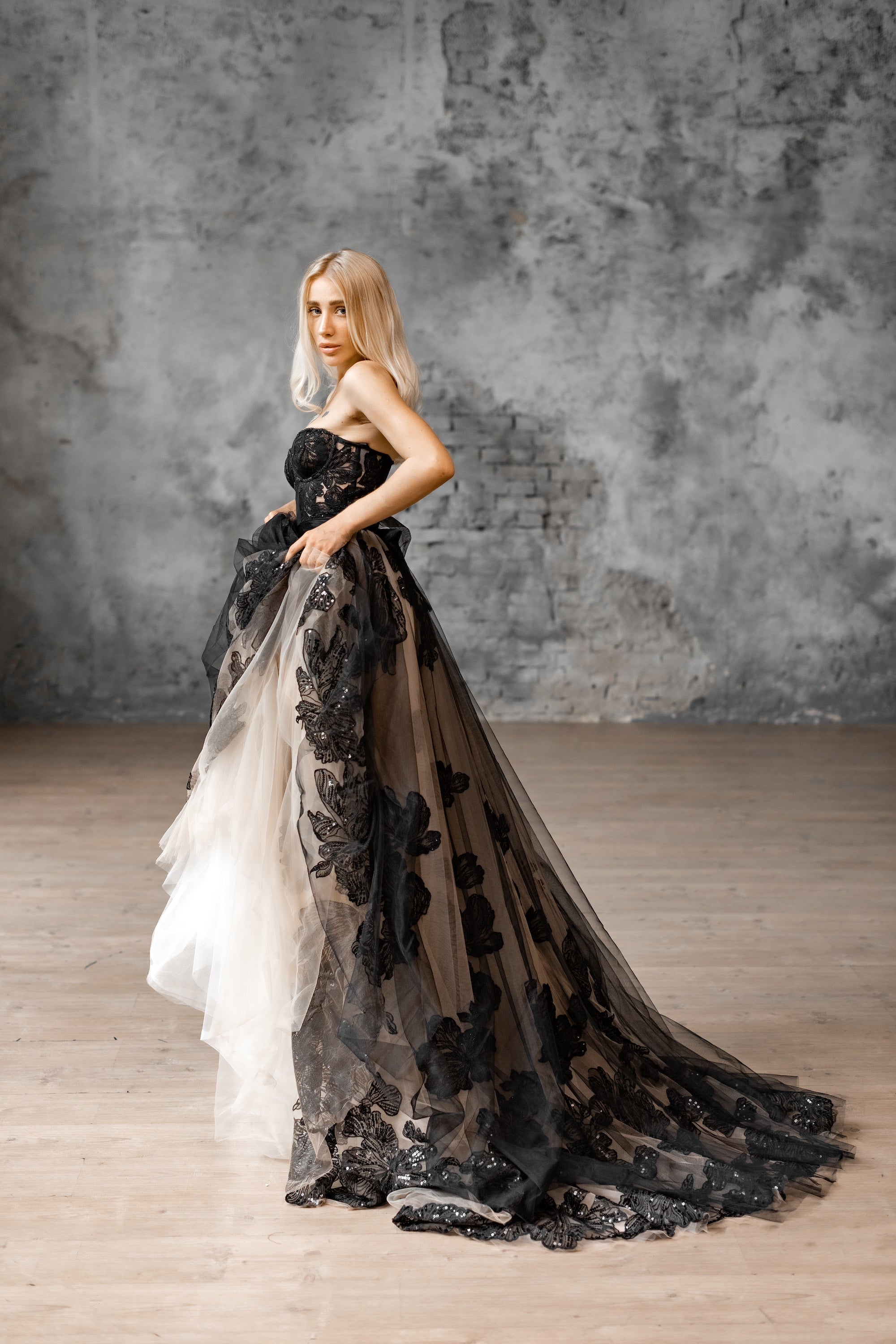 "Lora" Embroidery lace black-nude wedding dress