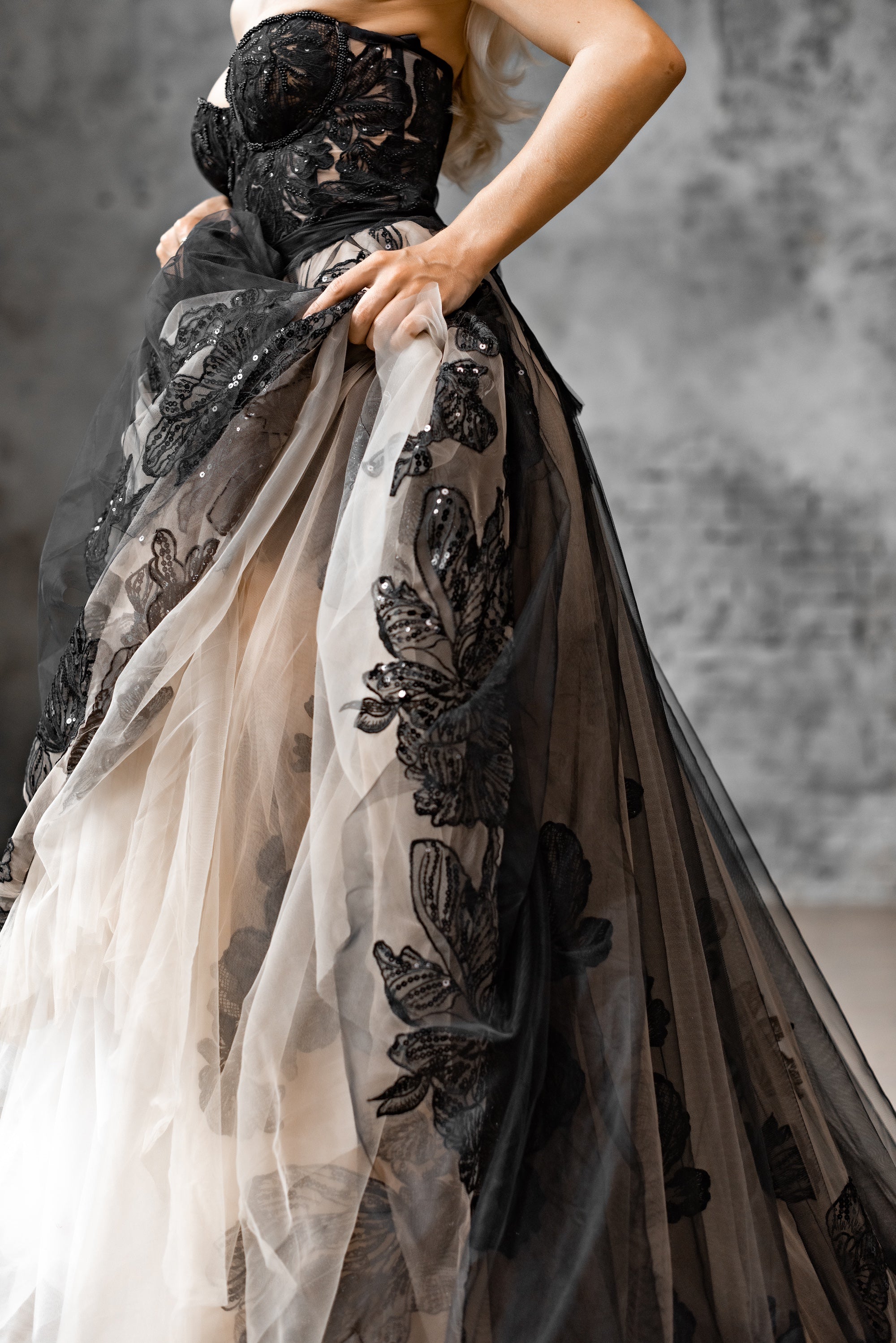 "Lora" Embroidery lace black-nude wedding dress