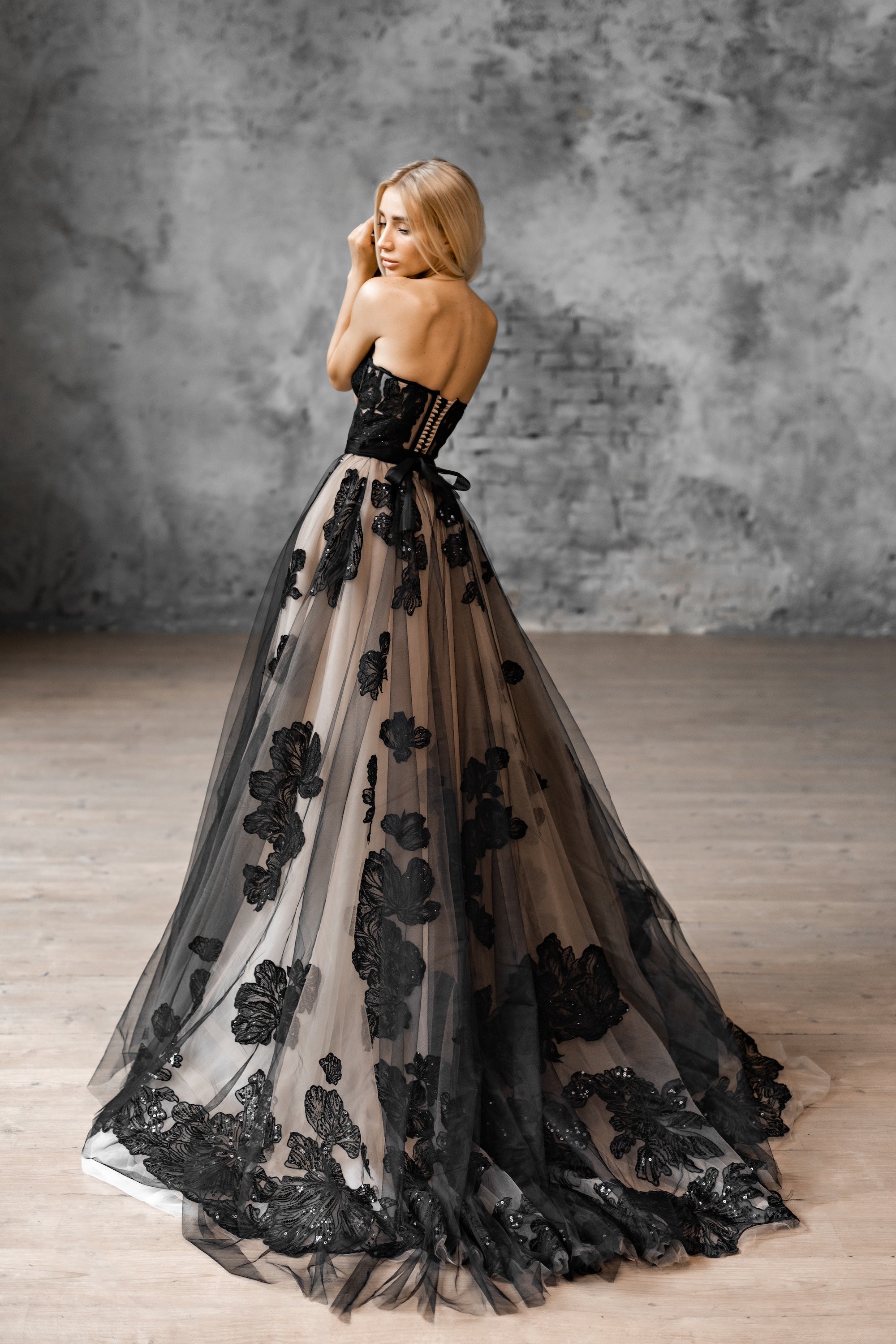 "Lora" Embroidery lace black-nude wedding dress