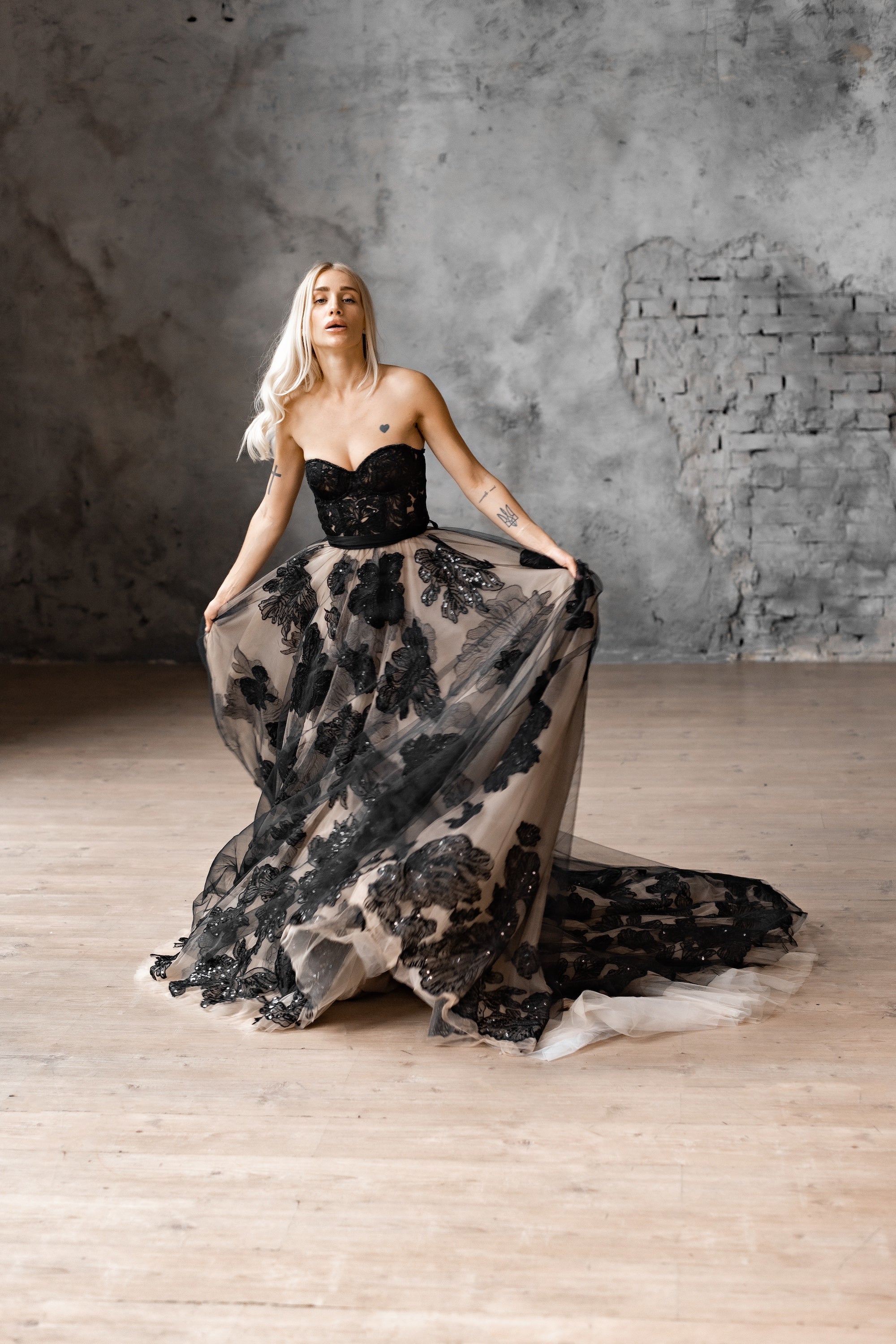 "Lora" Embroidery lace black-nude wedding dress