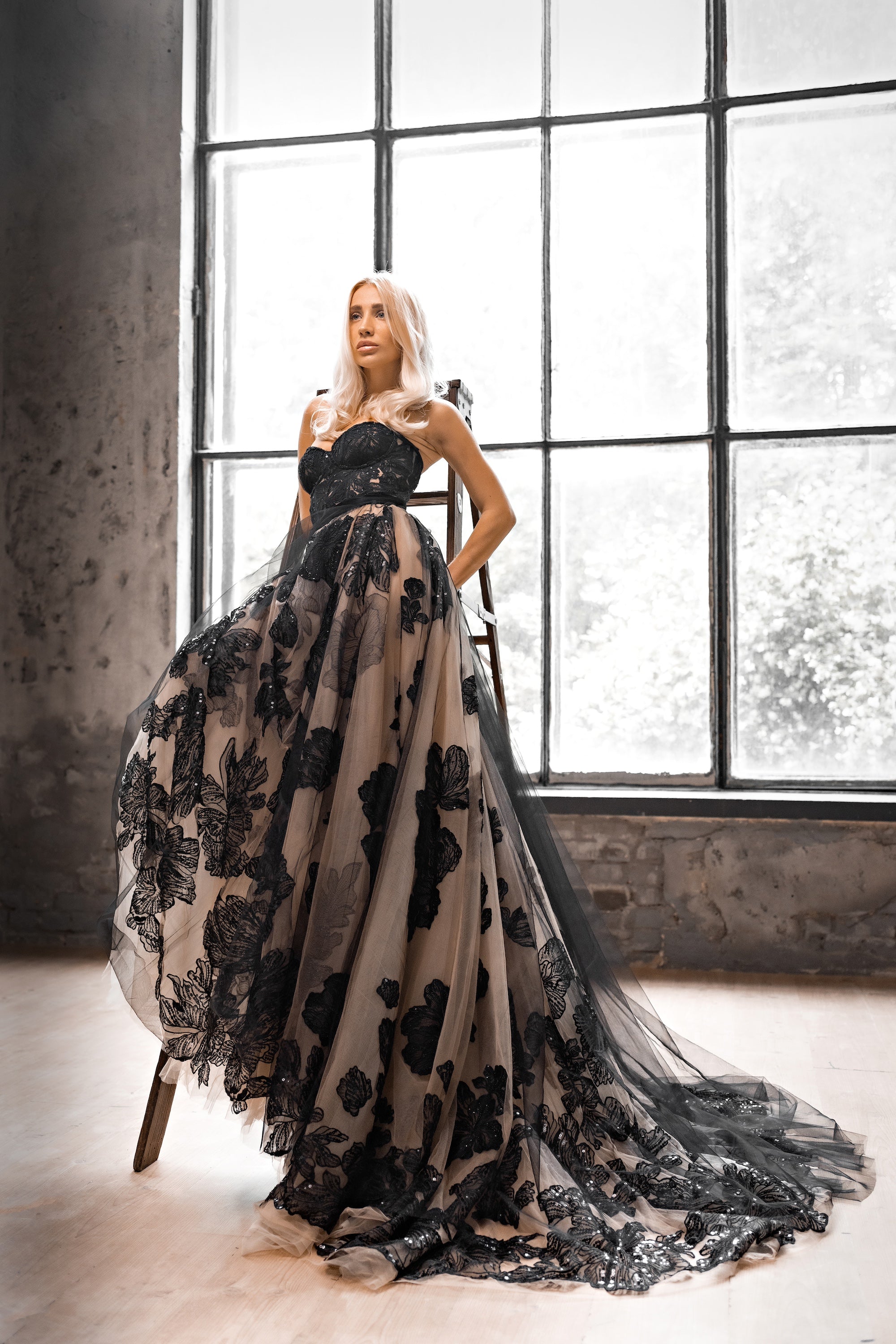 "Lora" Embroidery lace black-nude wedding dress