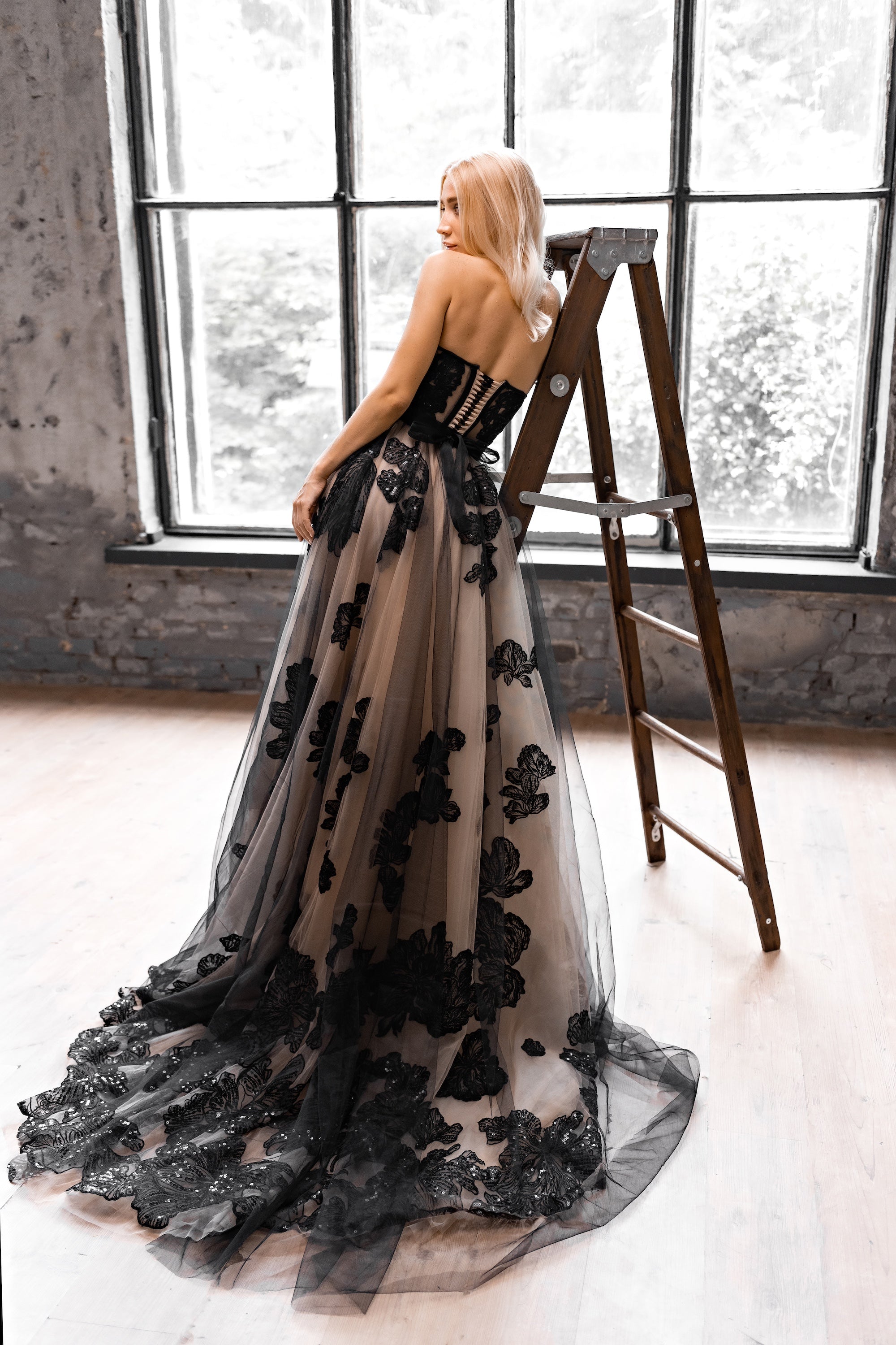 "Lora" Embroidery lace black-nude wedding dress