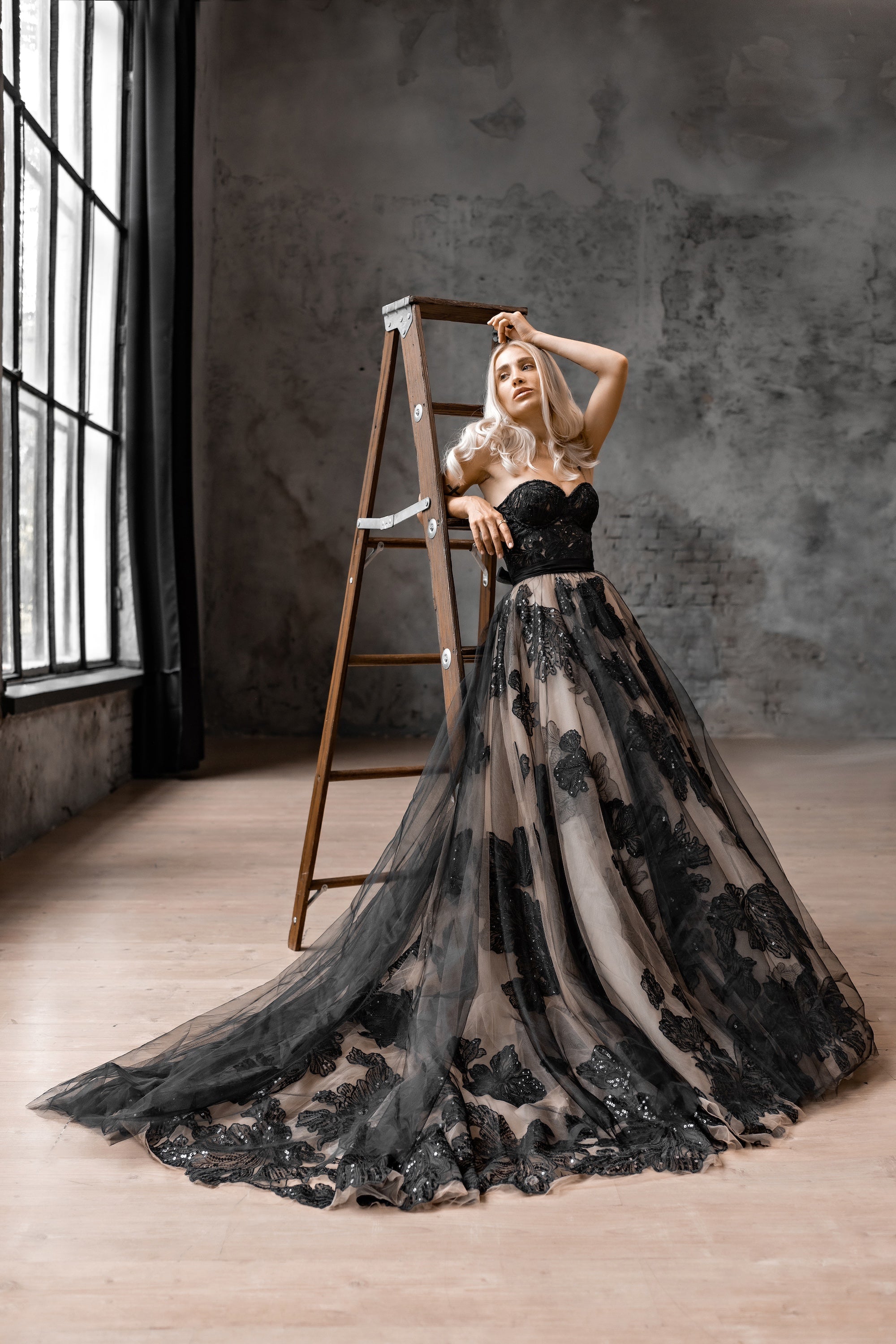 "Lora" Embroidery lace black-nude wedding dress