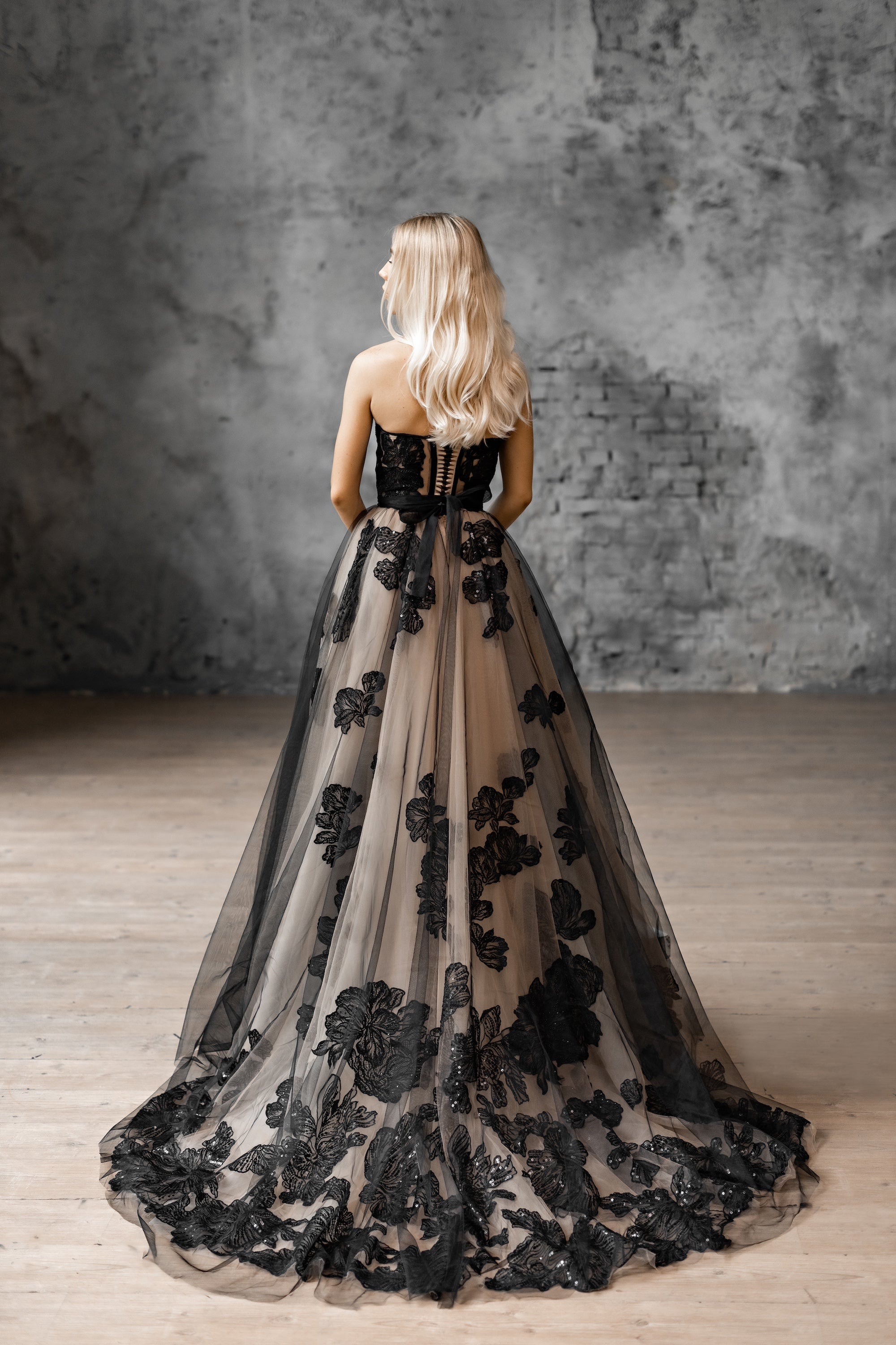 "Lora" Embroidery lace black-nude wedding dress