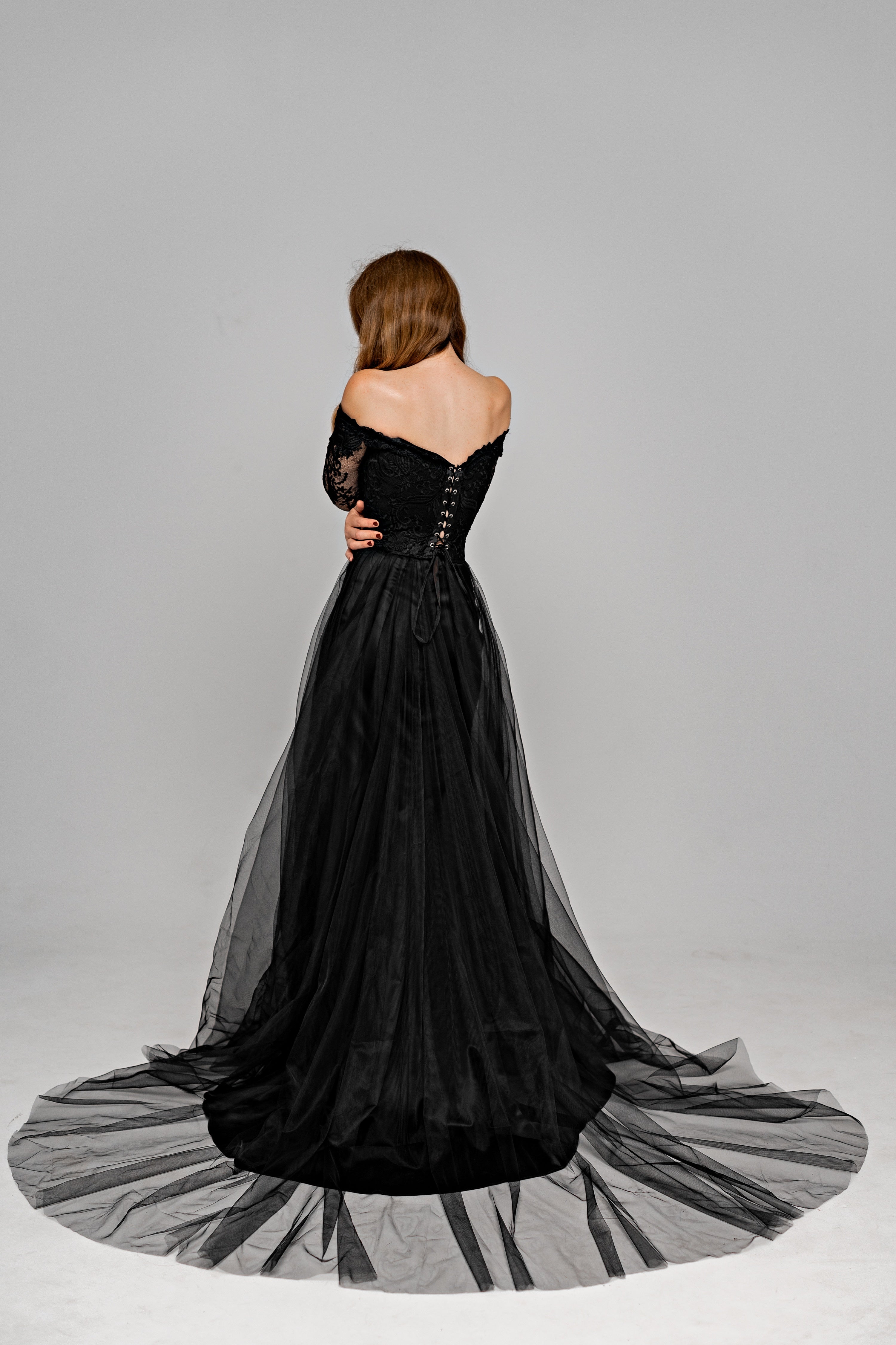 black wedding dress long tulle train