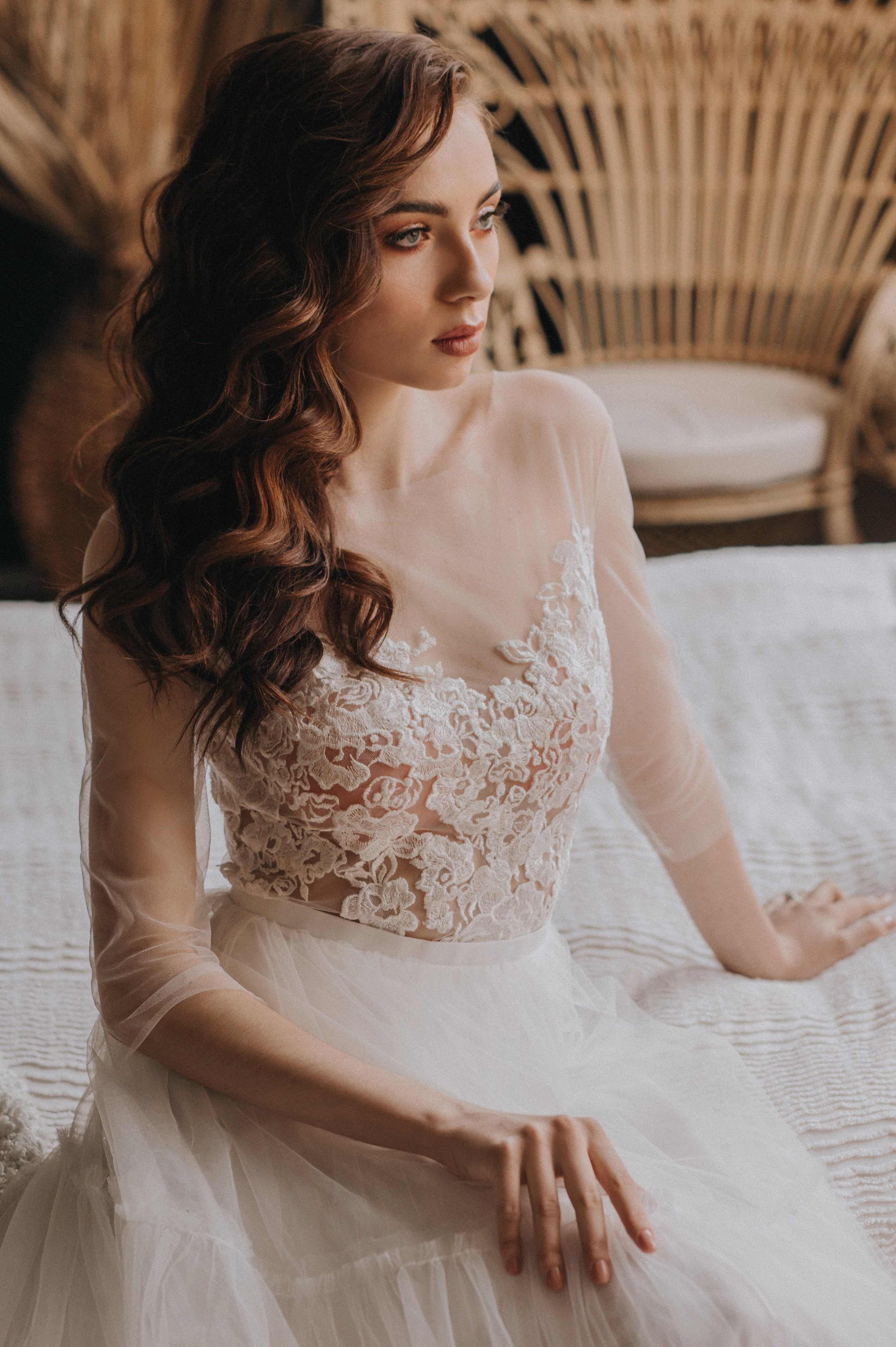 "Marseilles" Long sleeve wedding dress with tiered tulle skirt