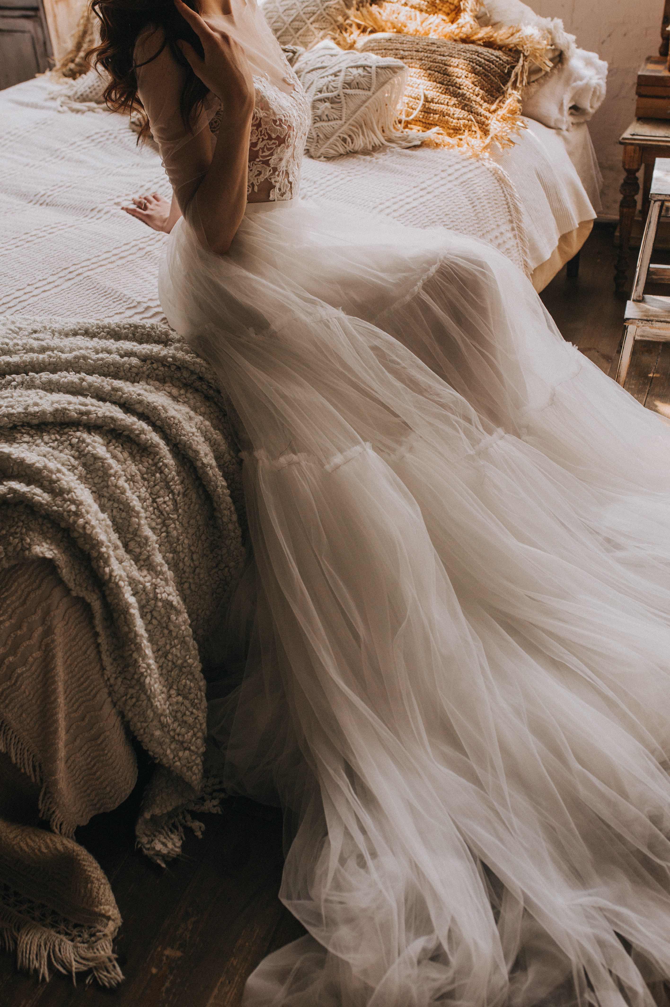 "Marseilles" Long sleeve wedding dress with tiered tulle skirt