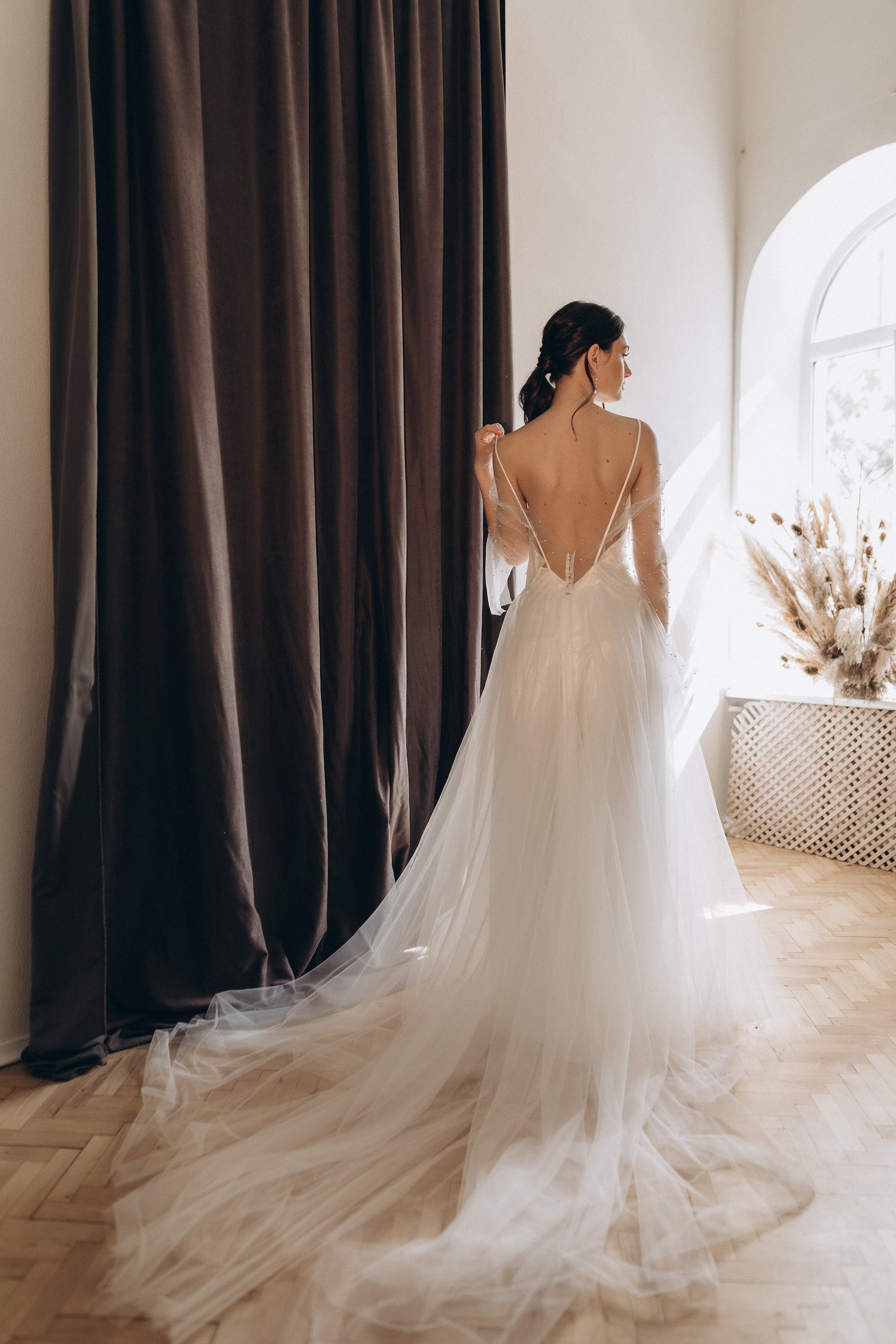 "Amalia" Two-piece pearl wedding dress with long flowing sleeves