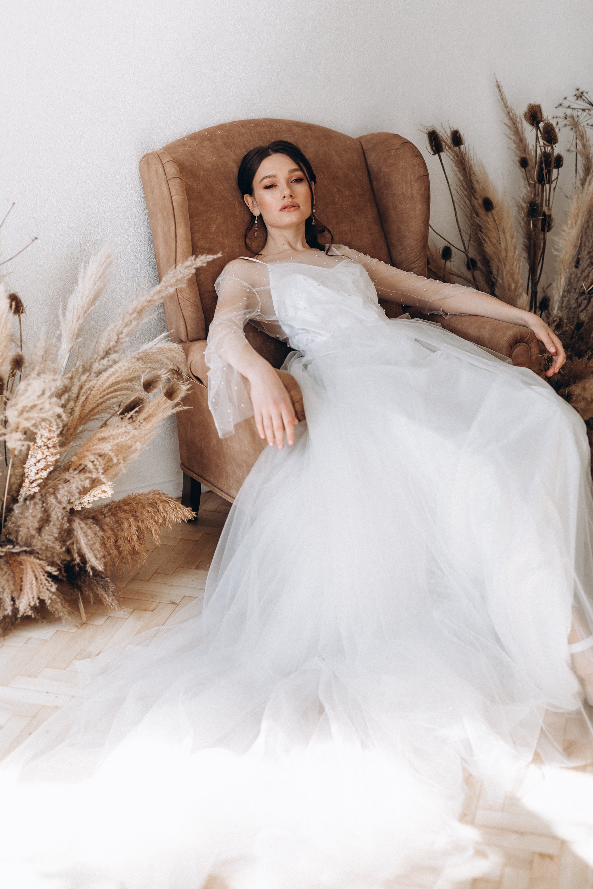 "Amalia" Two-piece pearl wedding dress with long flowing sleeves