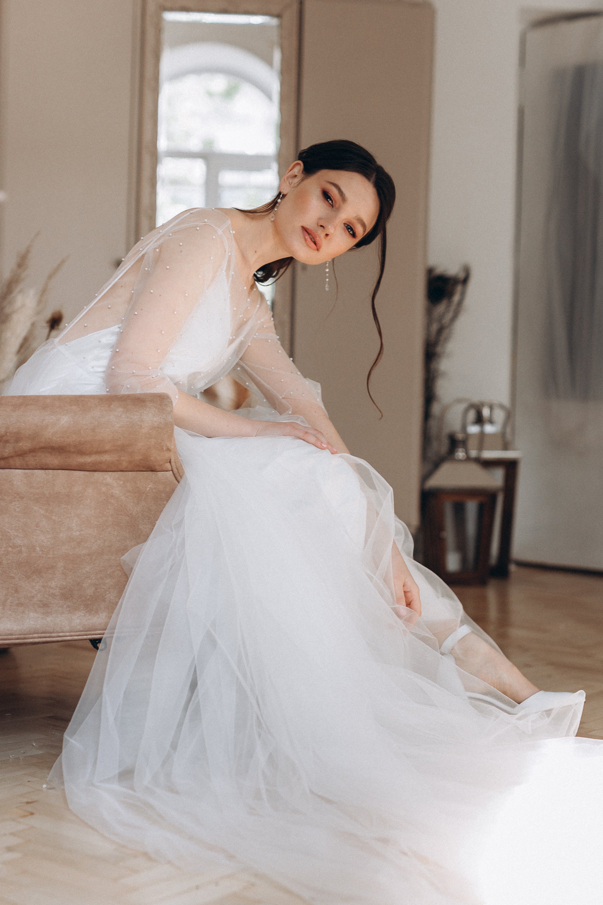 "Amalia" Two-piece pearl wedding dress with long flowing sleeves
