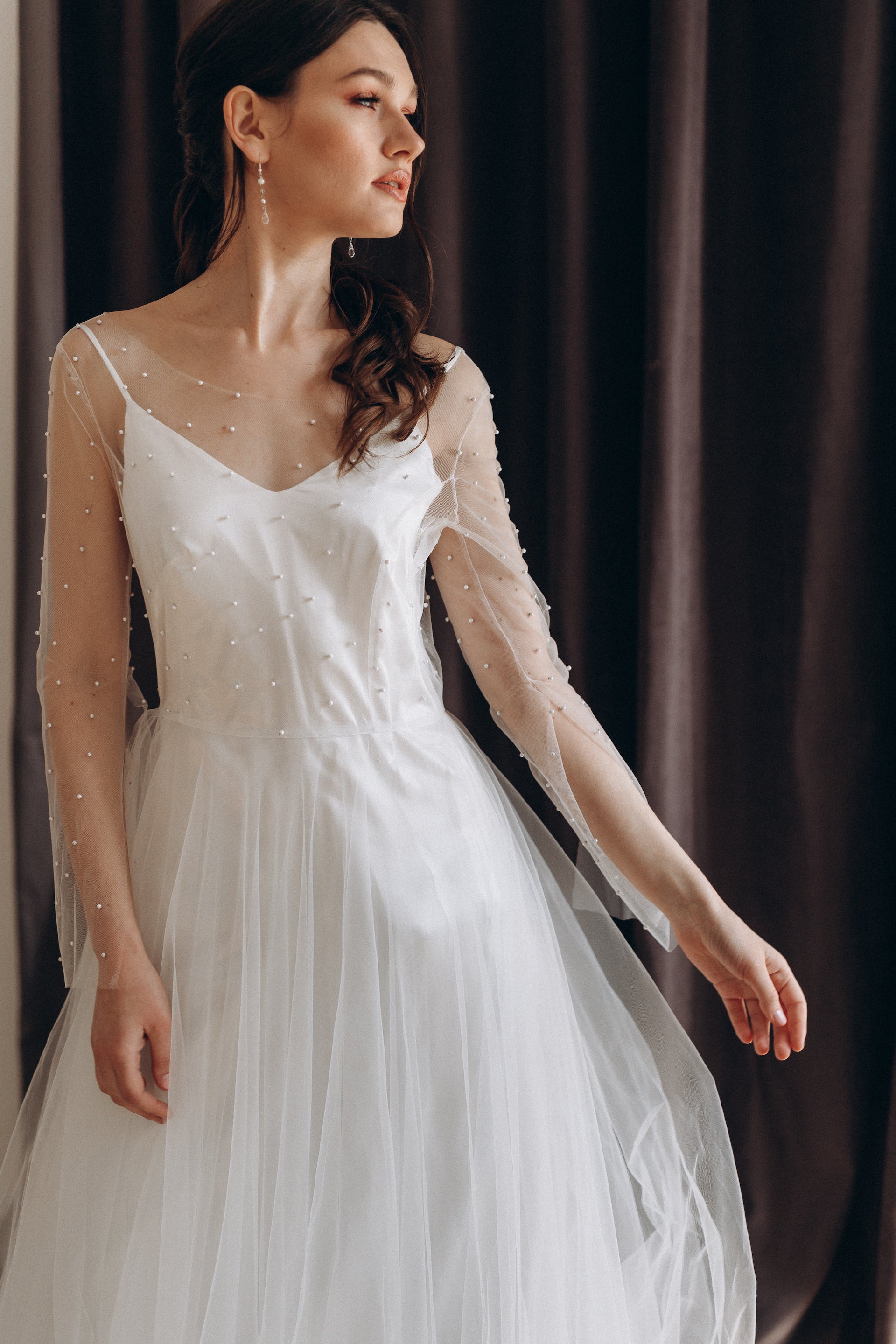 "Amalia" Two-piece pearl wedding dress with long flowing sleeves