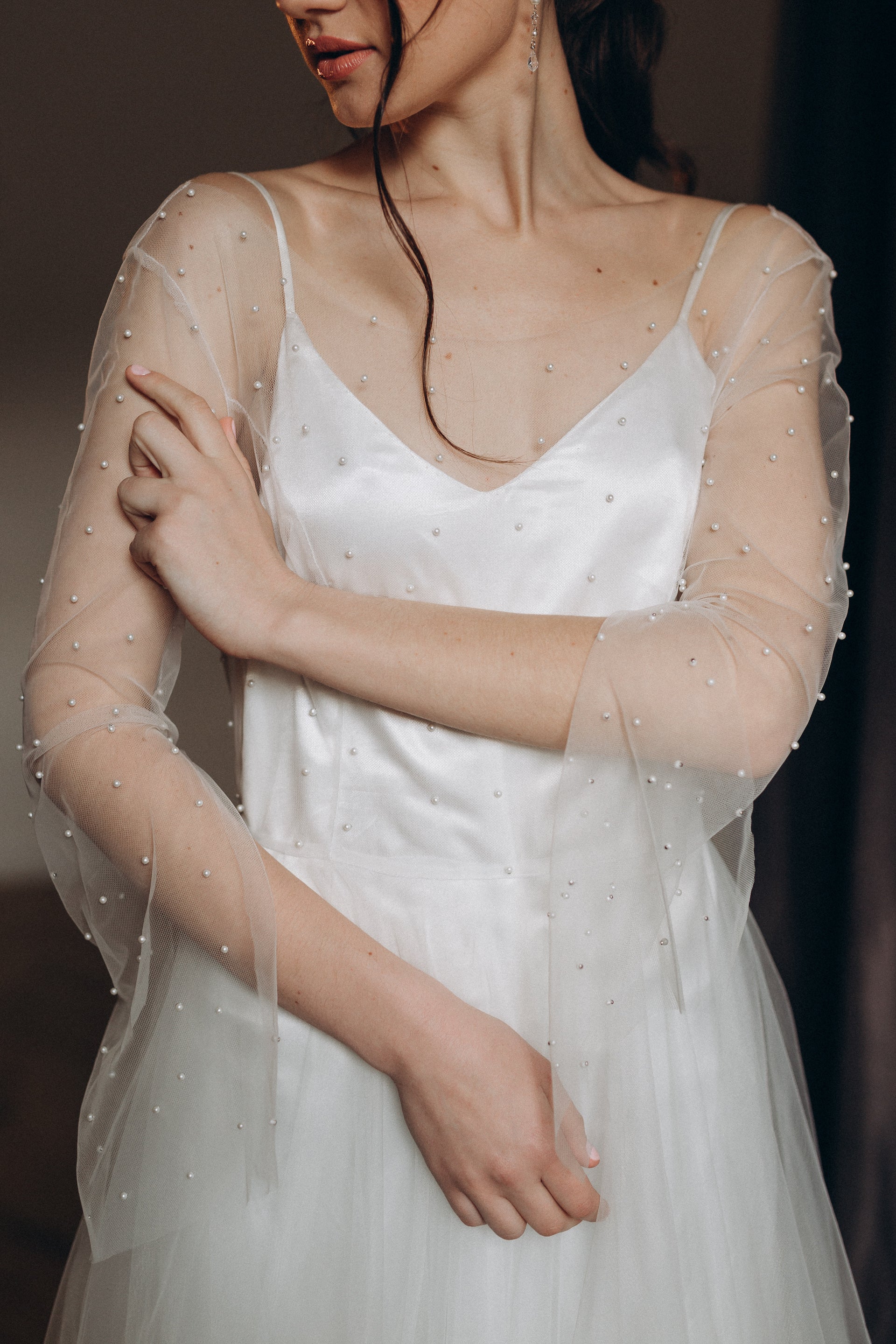 "Amalia" Two-piece pearl wedding dress with long flowing sleeves