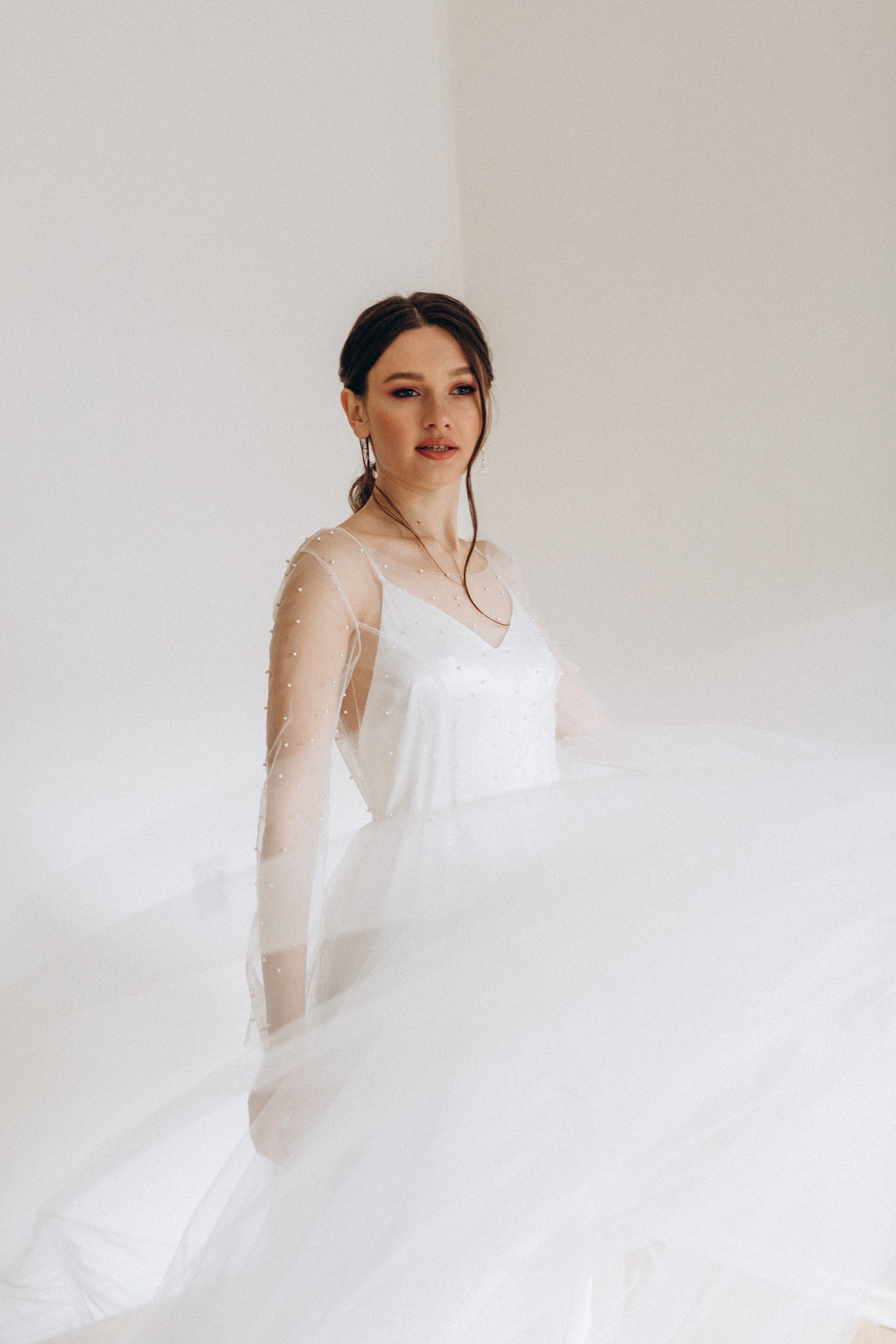 "Amalia" Two-piece pearl wedding dress with long flowing sleeves