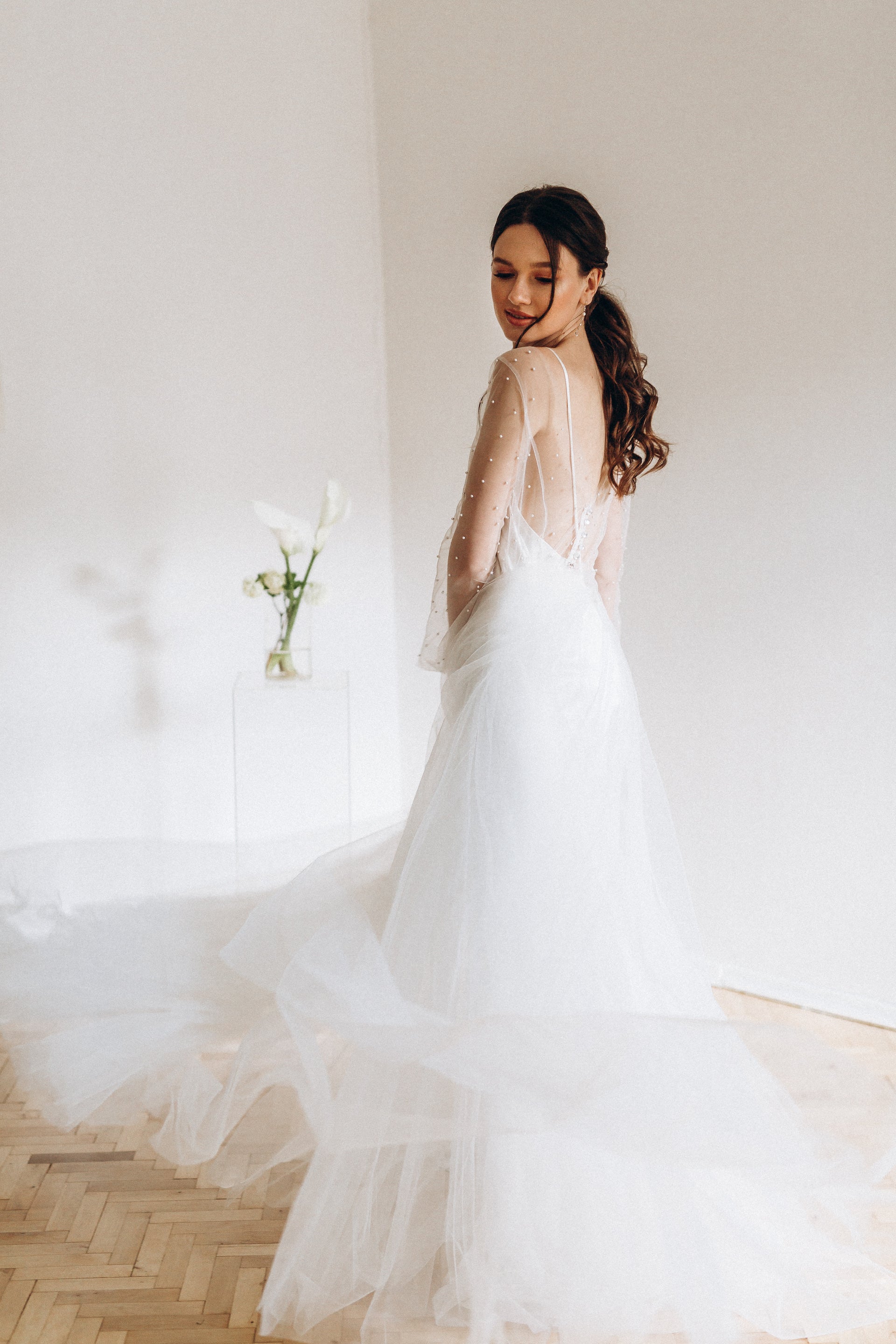 "Amalia" Two-piece pearl wedding dress with long flowing sleeves