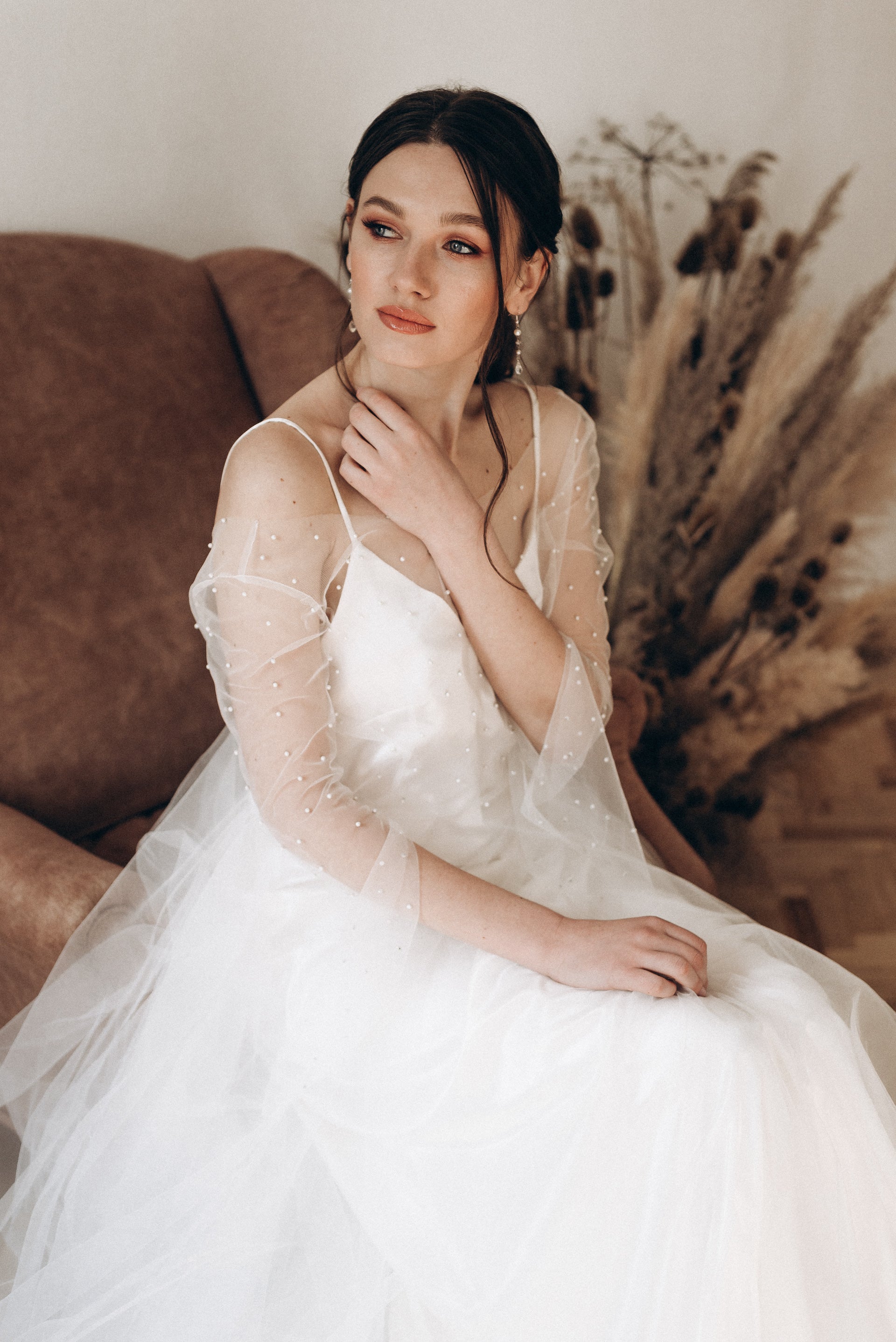 "Amalia" Two-piece pearl wedding dress with long flowing sleeves