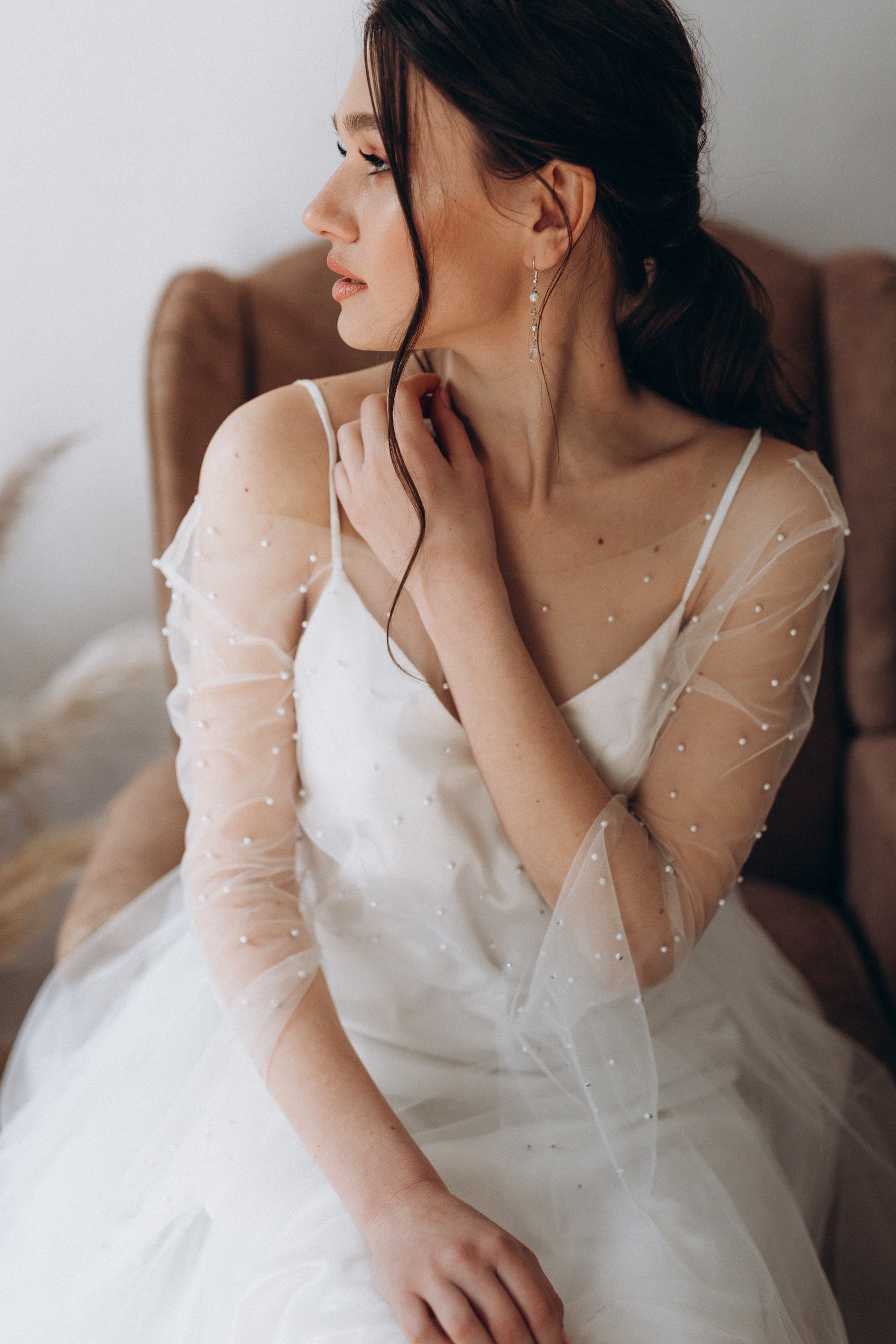 "Amalia" Two-piece pearl wedding dress with long flowing sleeves