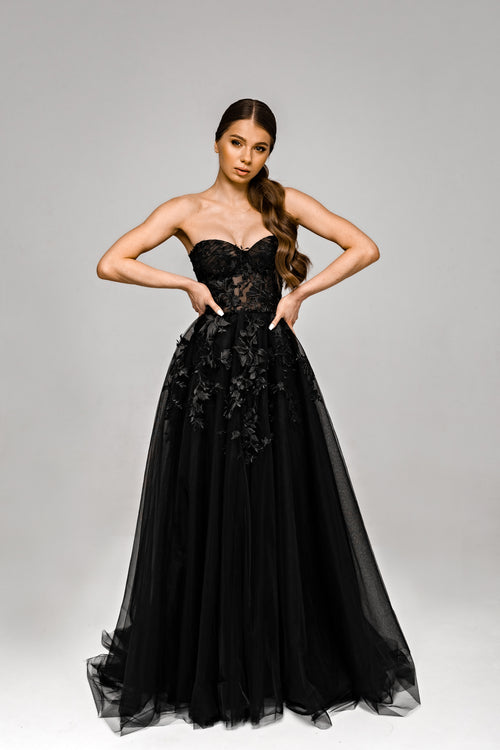 "Demia" Black Corset Wedding Dress with Lace-Adorned Mesh Skirt