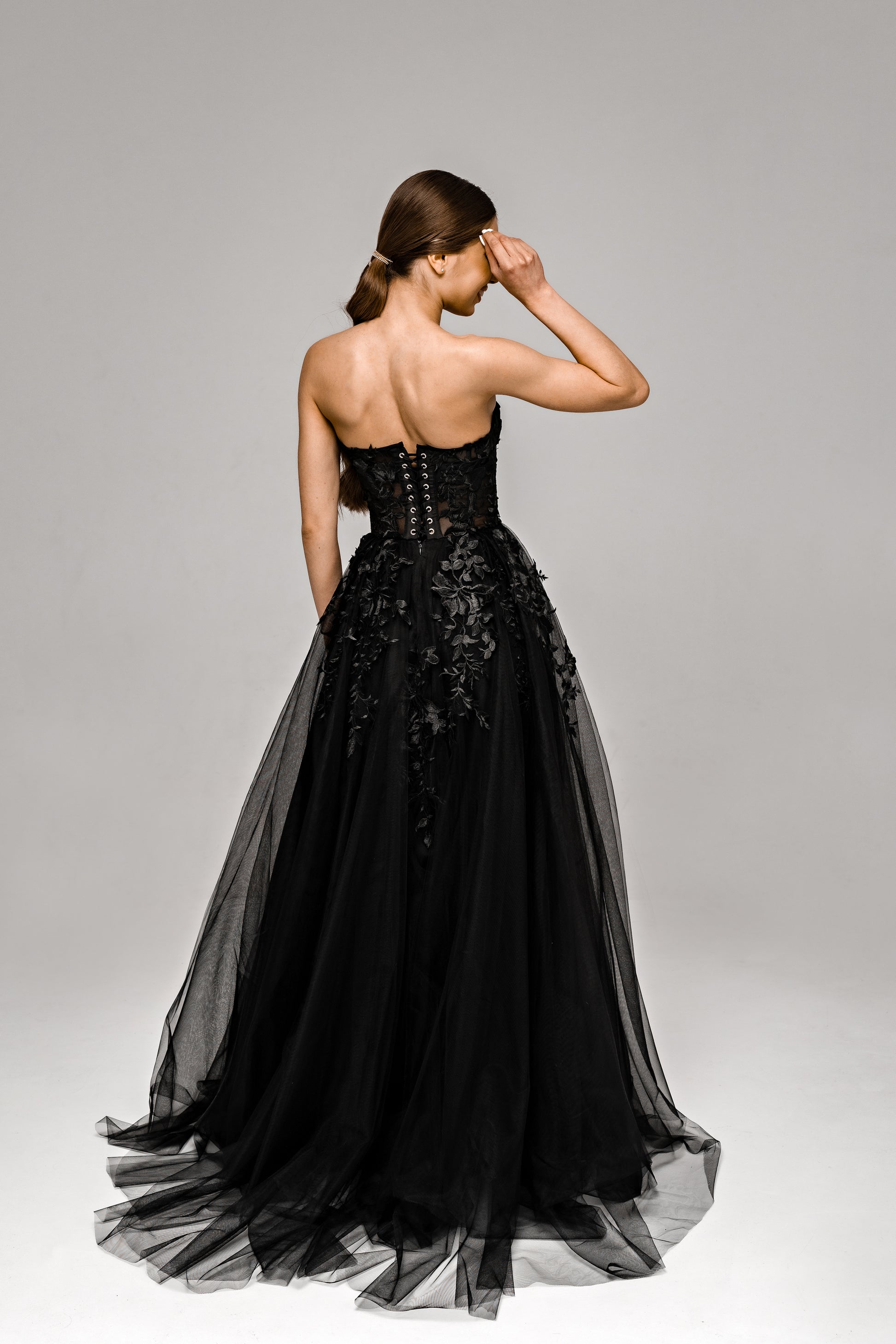 "Demia" Black Corset Wedding Dress with Lace-Adorned Mesh Skirt
