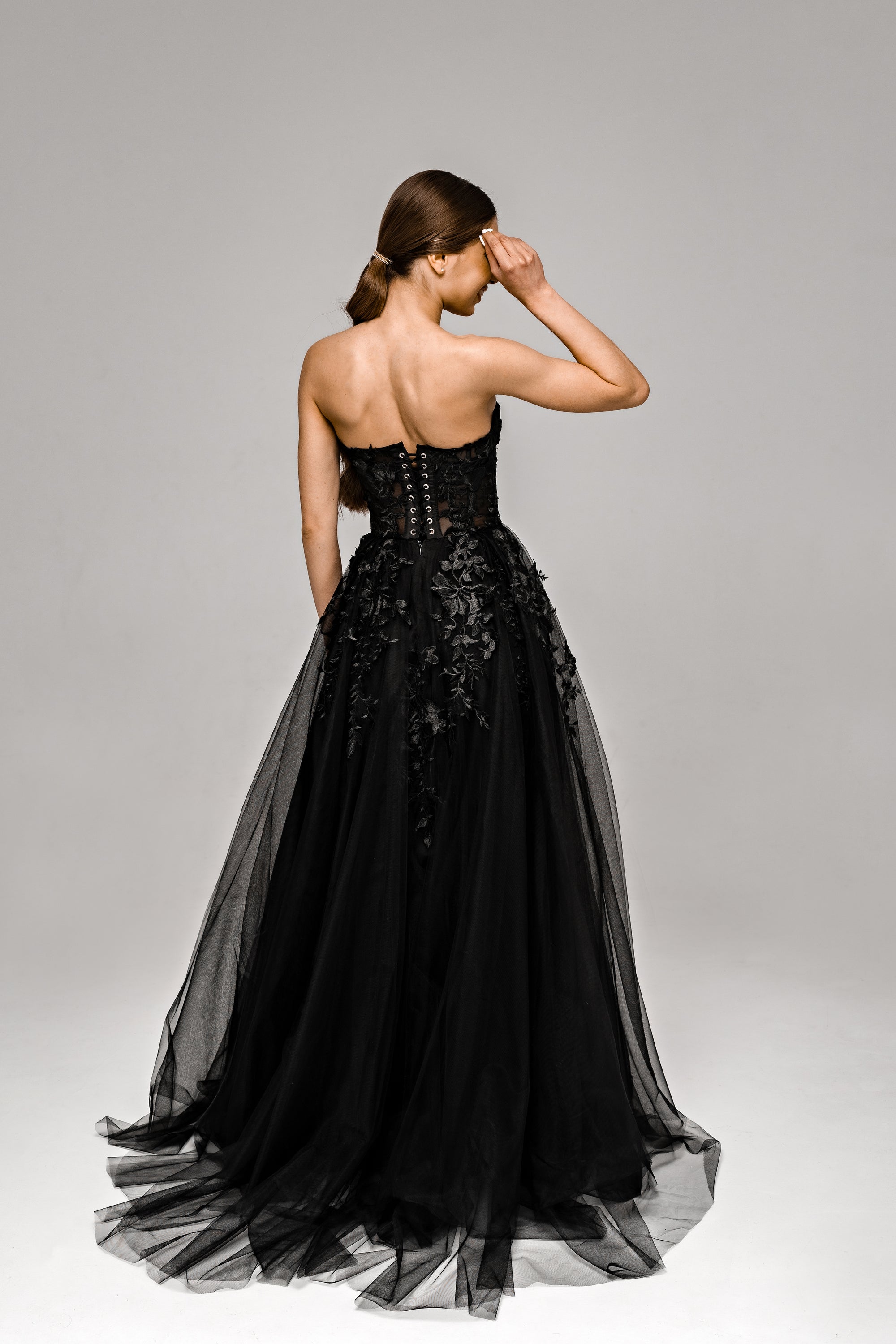 "Demia" Black Corset Wedding Dress with Lace-Adorned Mesh Skirt