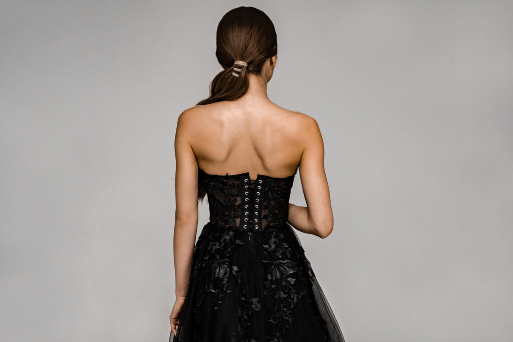 "Demia" Black Corset Wedding Dress with Lace-Adorned Mesh Skirt