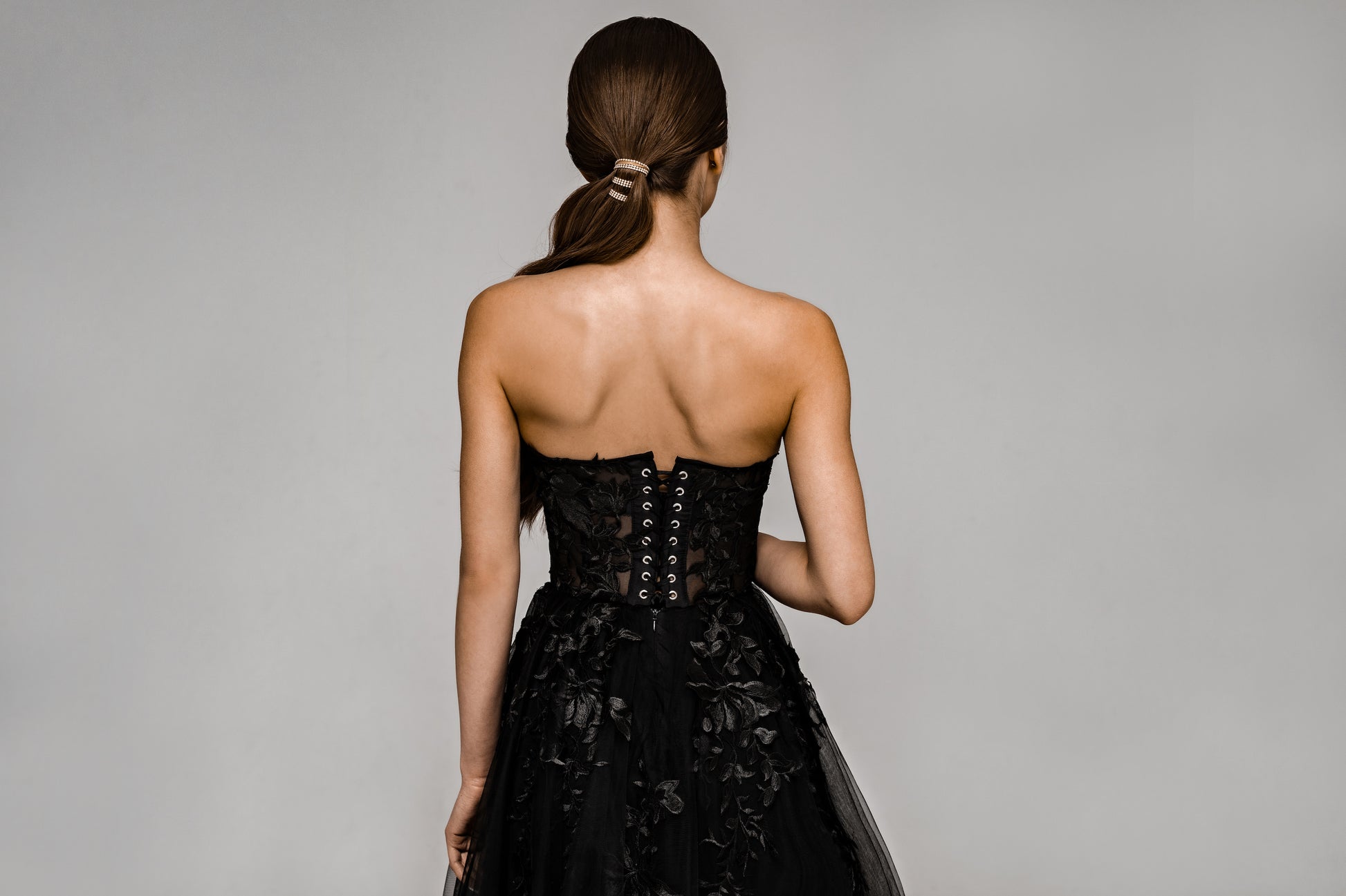 "Demia" Black Corset Wedding Dress with Lace-Adorned Mesh Skirt