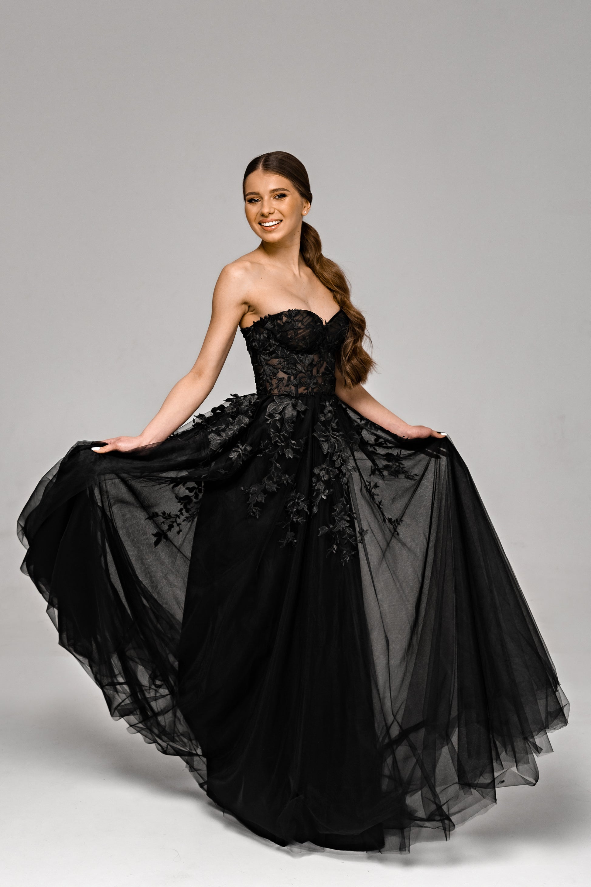 "Demia" Black Corset Wedding Dress with Lace-Adorned Mesh Skirt