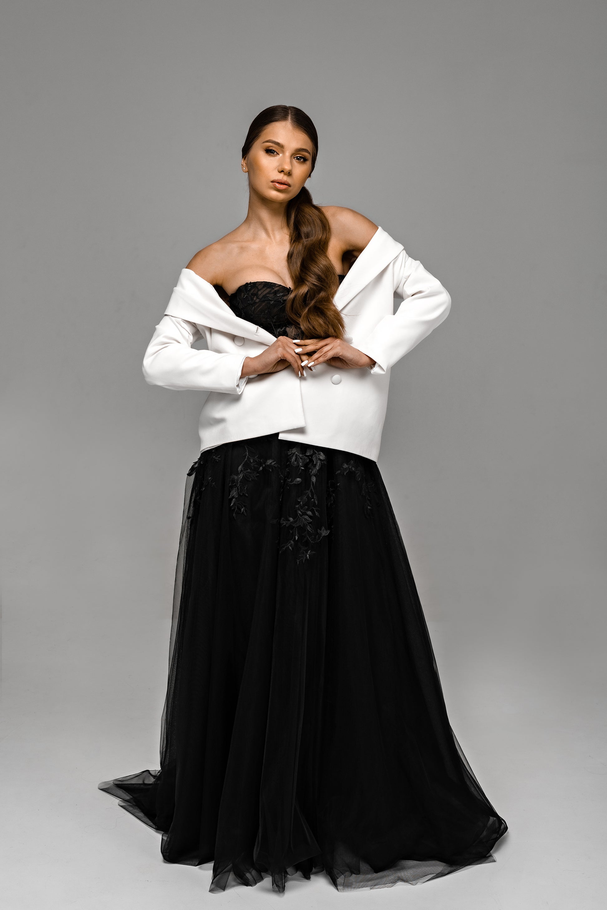 "Demia" Black Corset Wedding Dress with Lace-Adorned Mesh Skirt