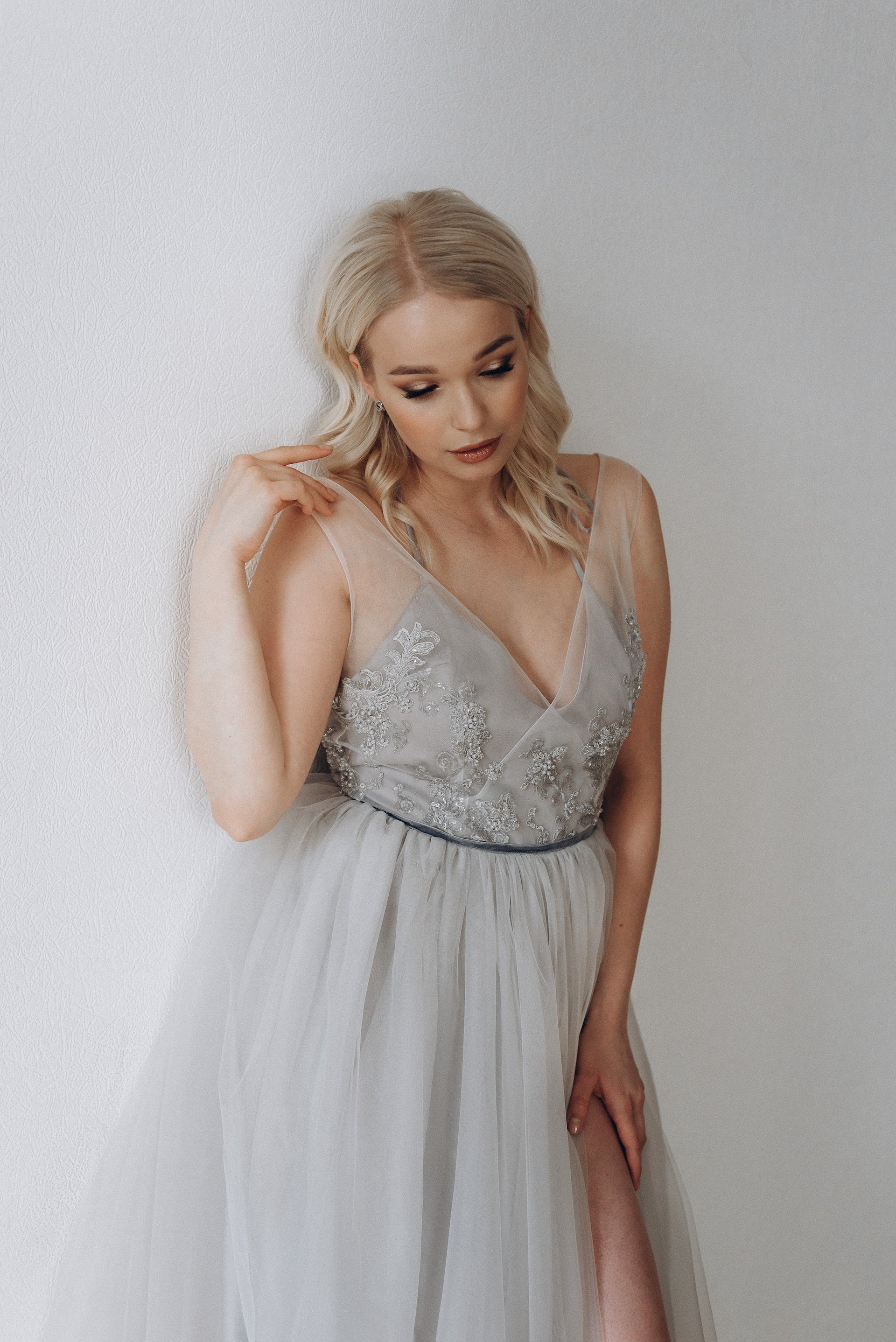 "Elsa" Gray Tulle Non-corset Wedding Dress